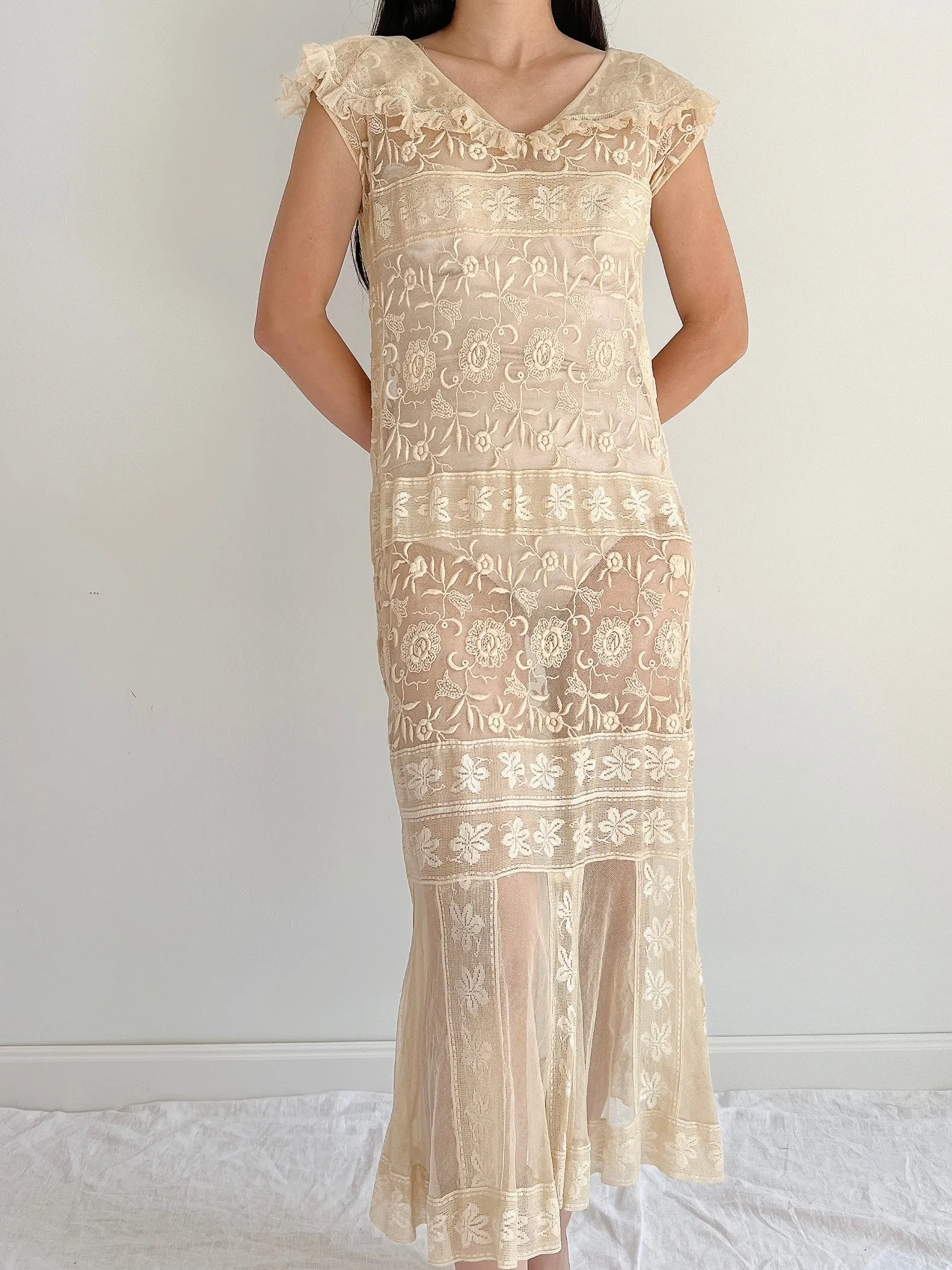 1920s Ecru Lace Dress - S