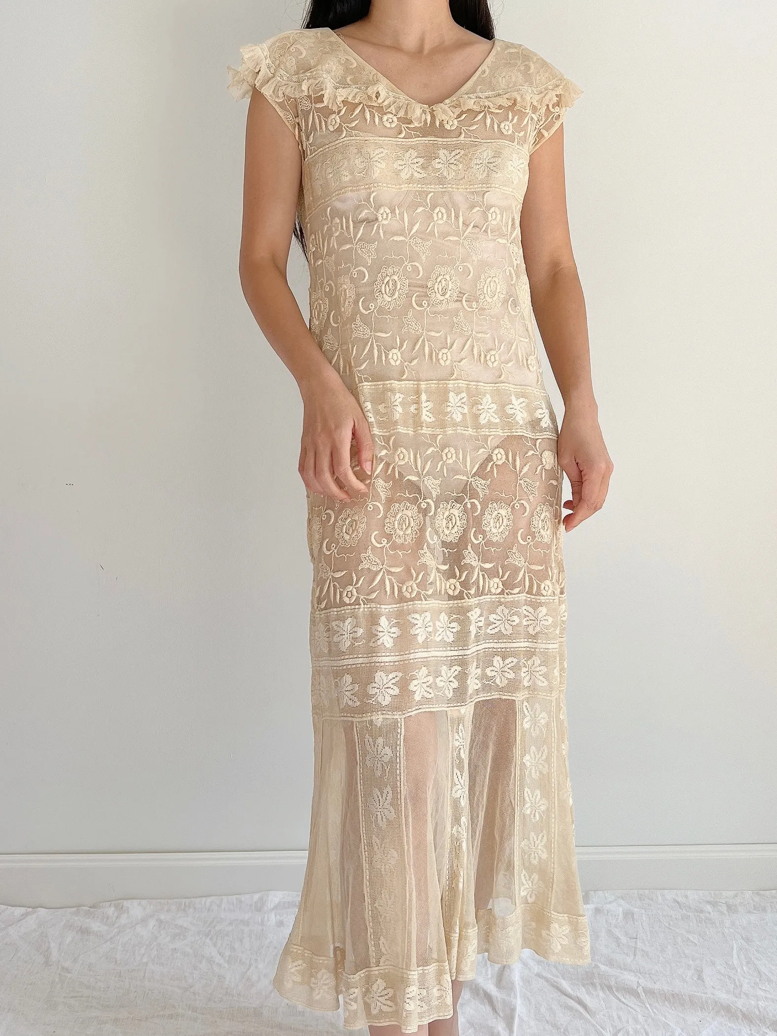 1920s Ecru Lace Dress - S