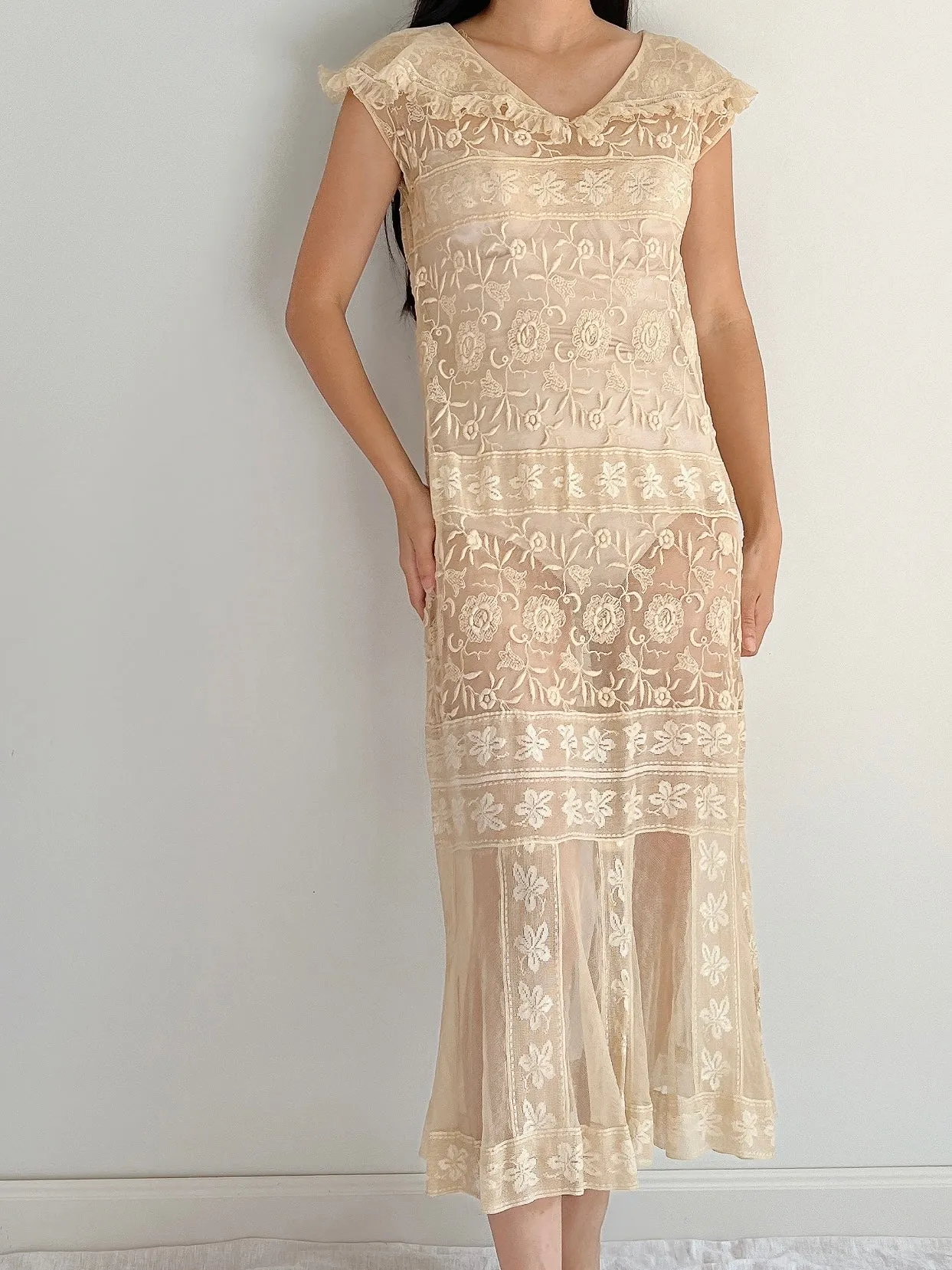 1920s Ecru Lace Dress - S