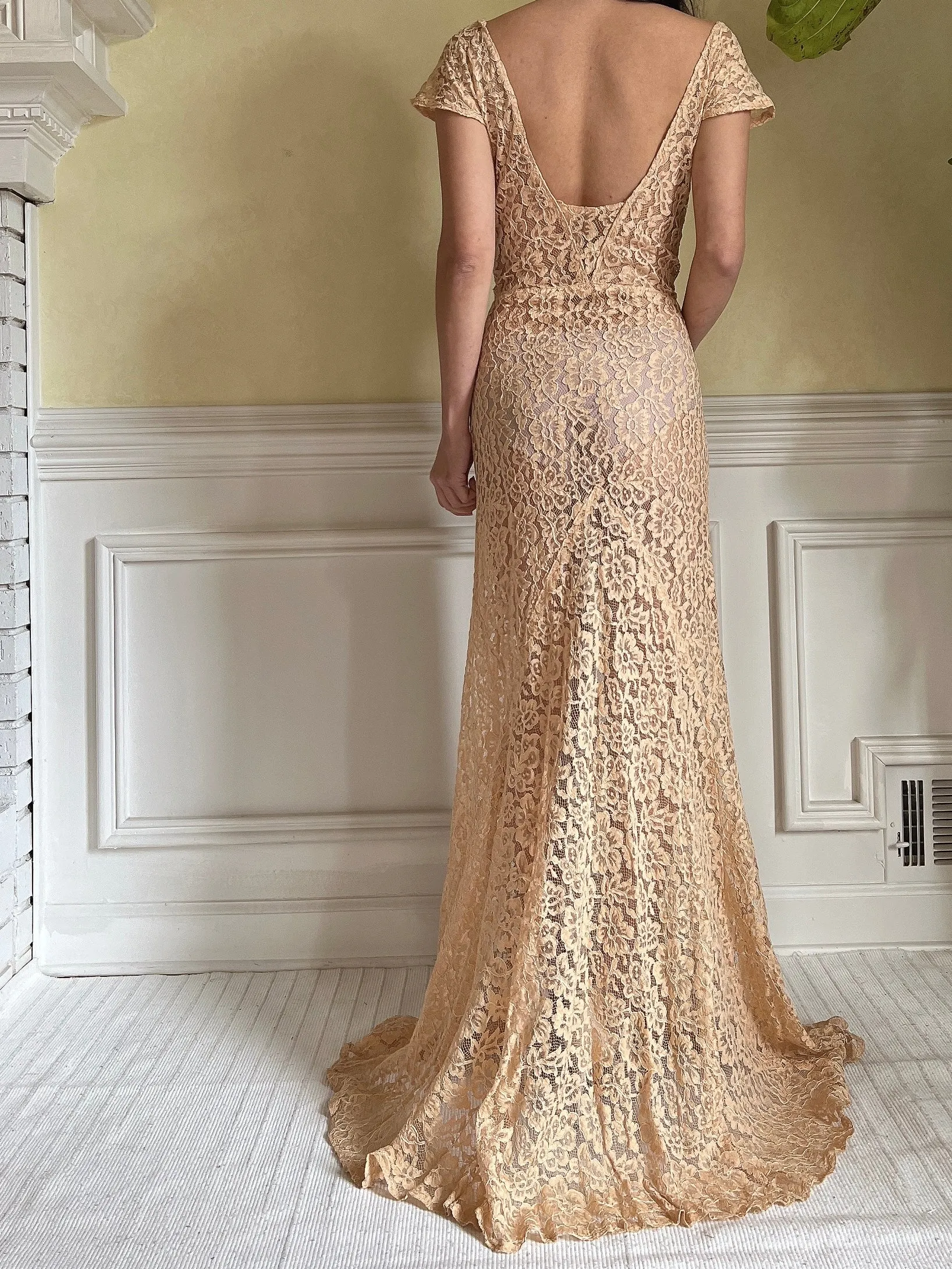 1930s Peach Lace Gown - S