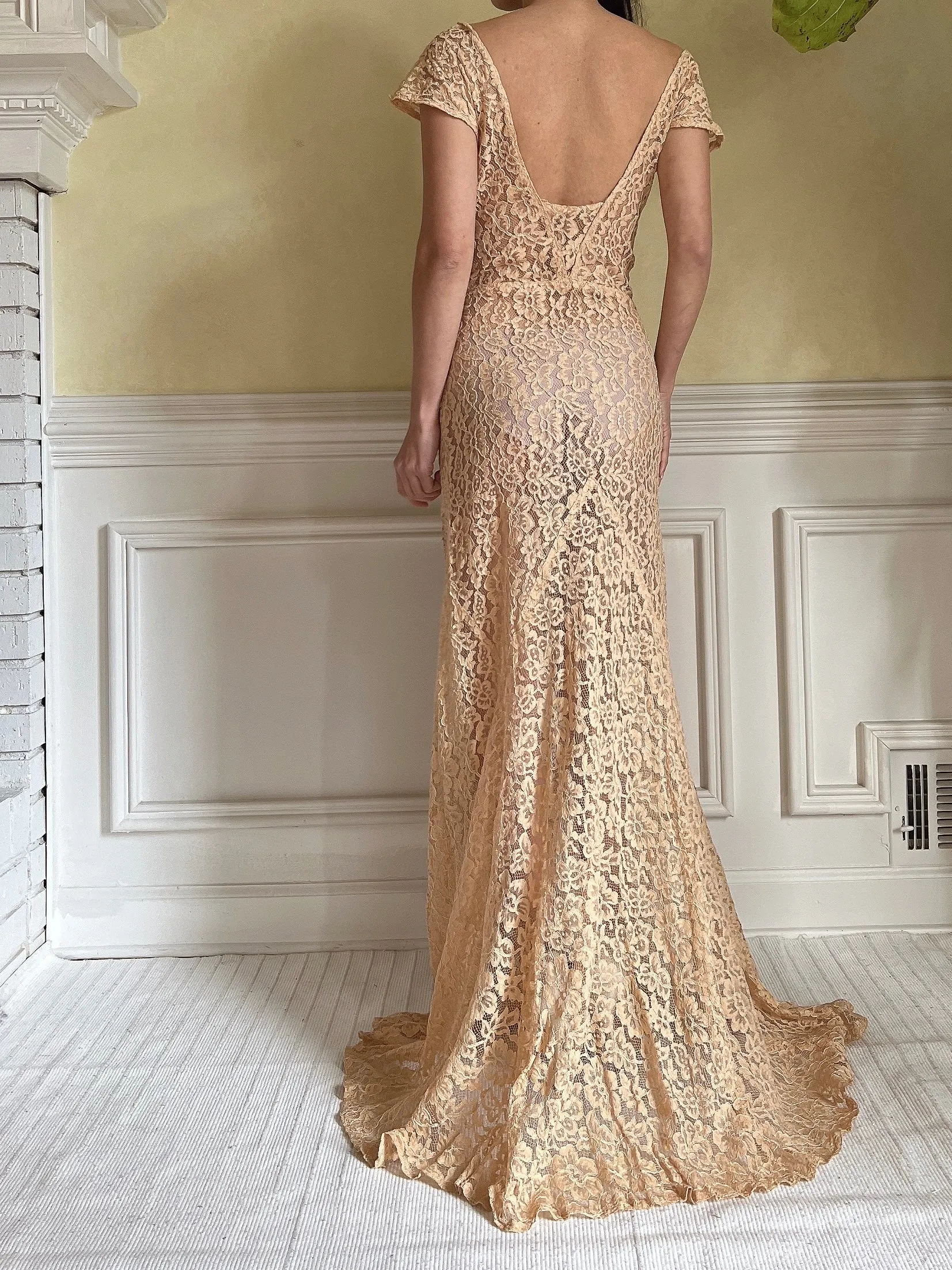 1930s Peach Lace Gown - S