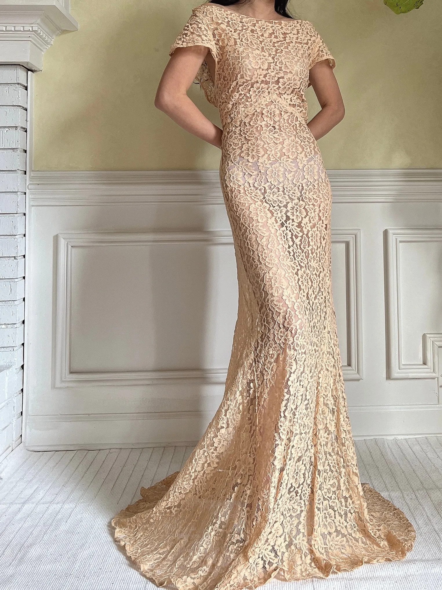 1930s Peach Lace Gown - S