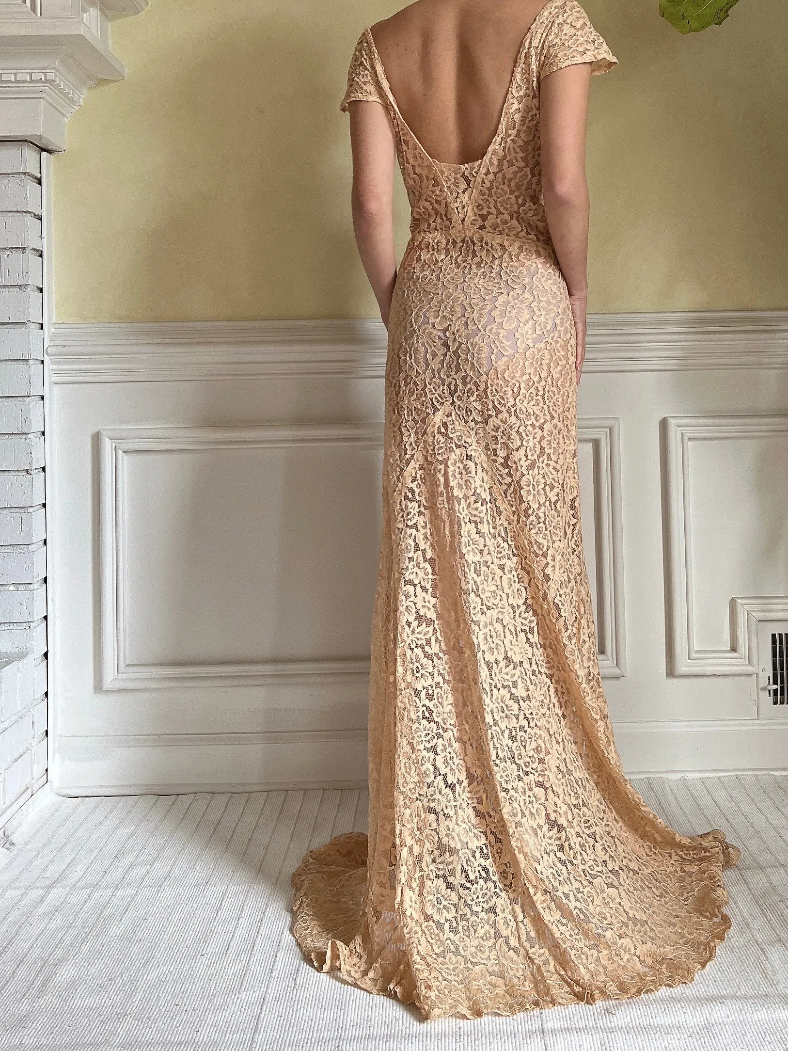 1930s Peach Lace Gown - S