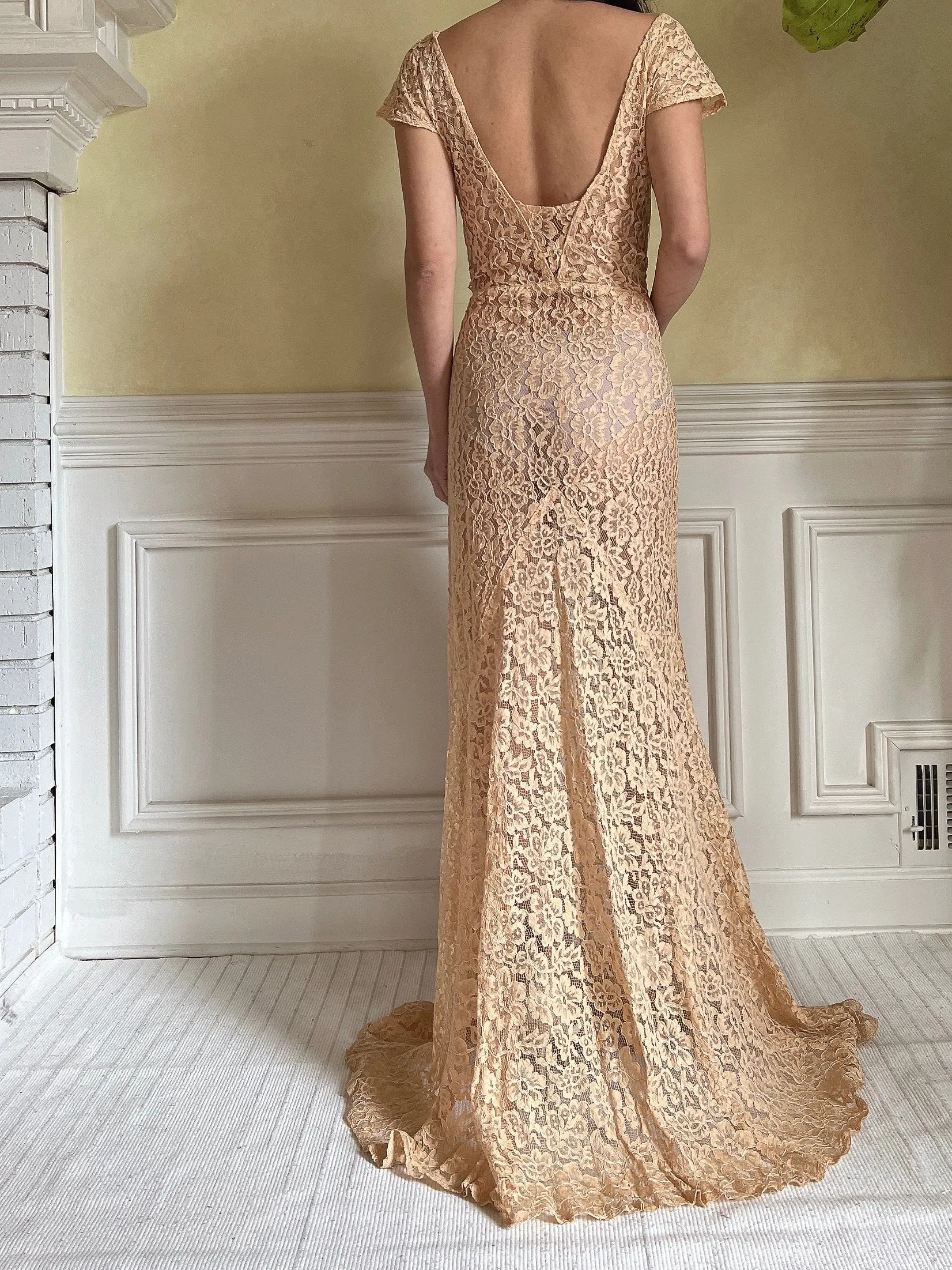 1930s Peach Lace Gown - S