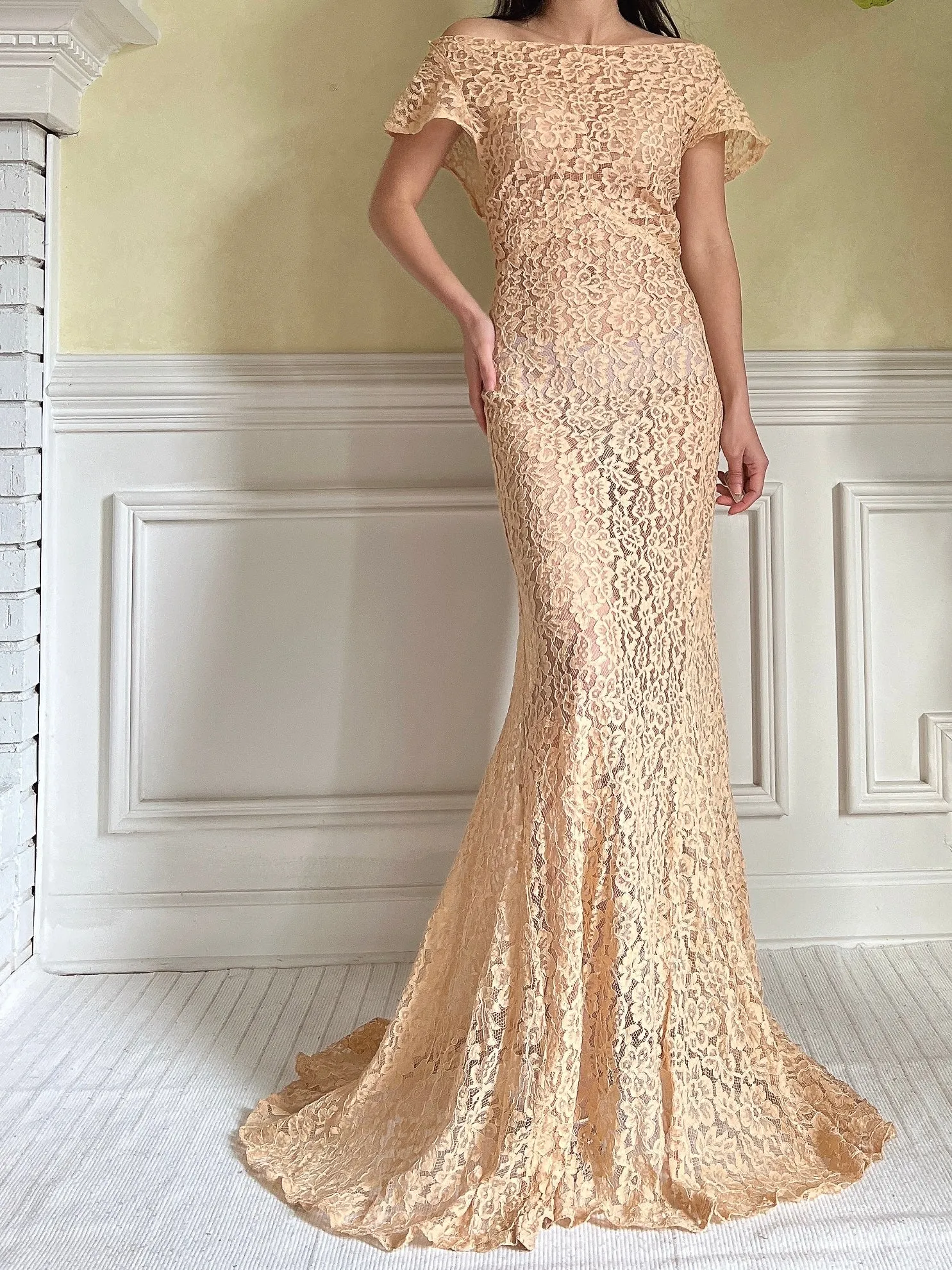 1930s Peach Lace Gown - S