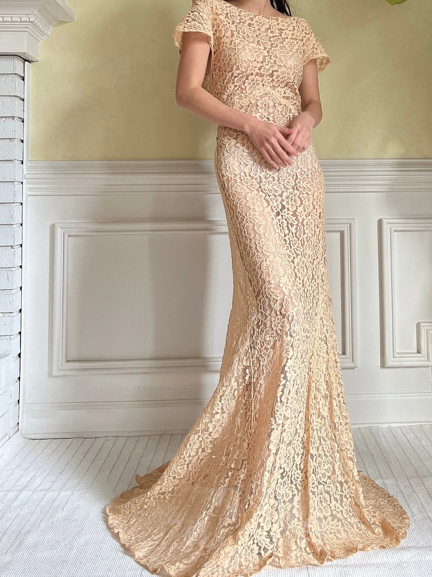1930s Peach Lace Gown - S