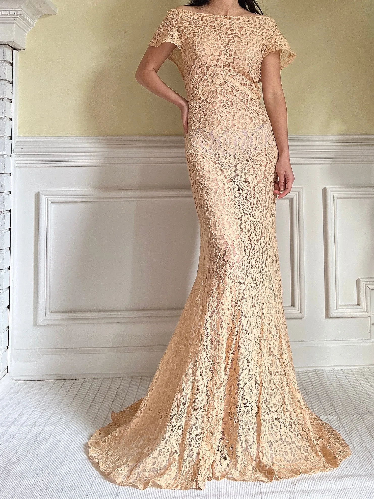 1930s Peach Lace Gown - S