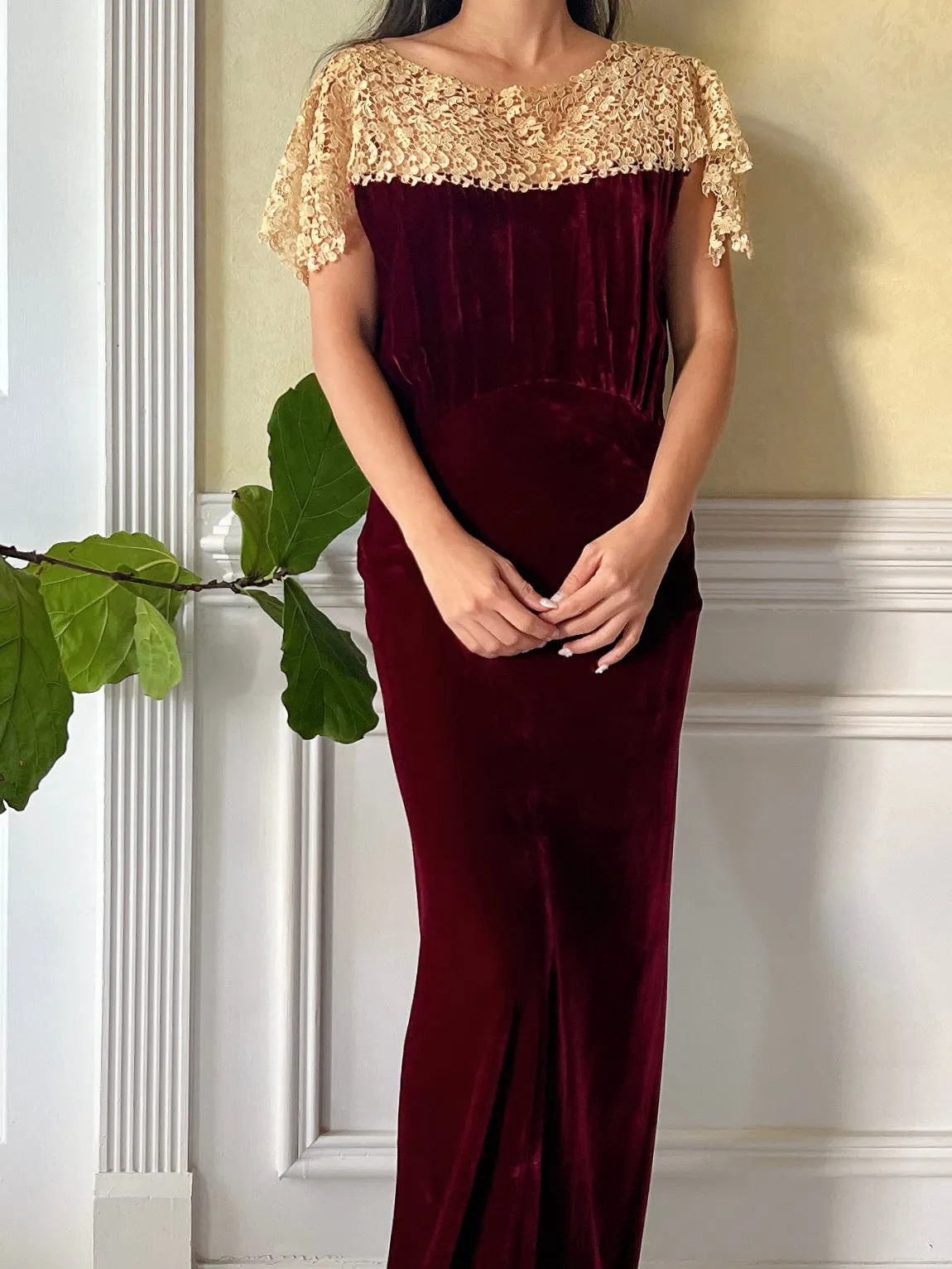 1930s Ruby Silk Velvet Gown - S/M