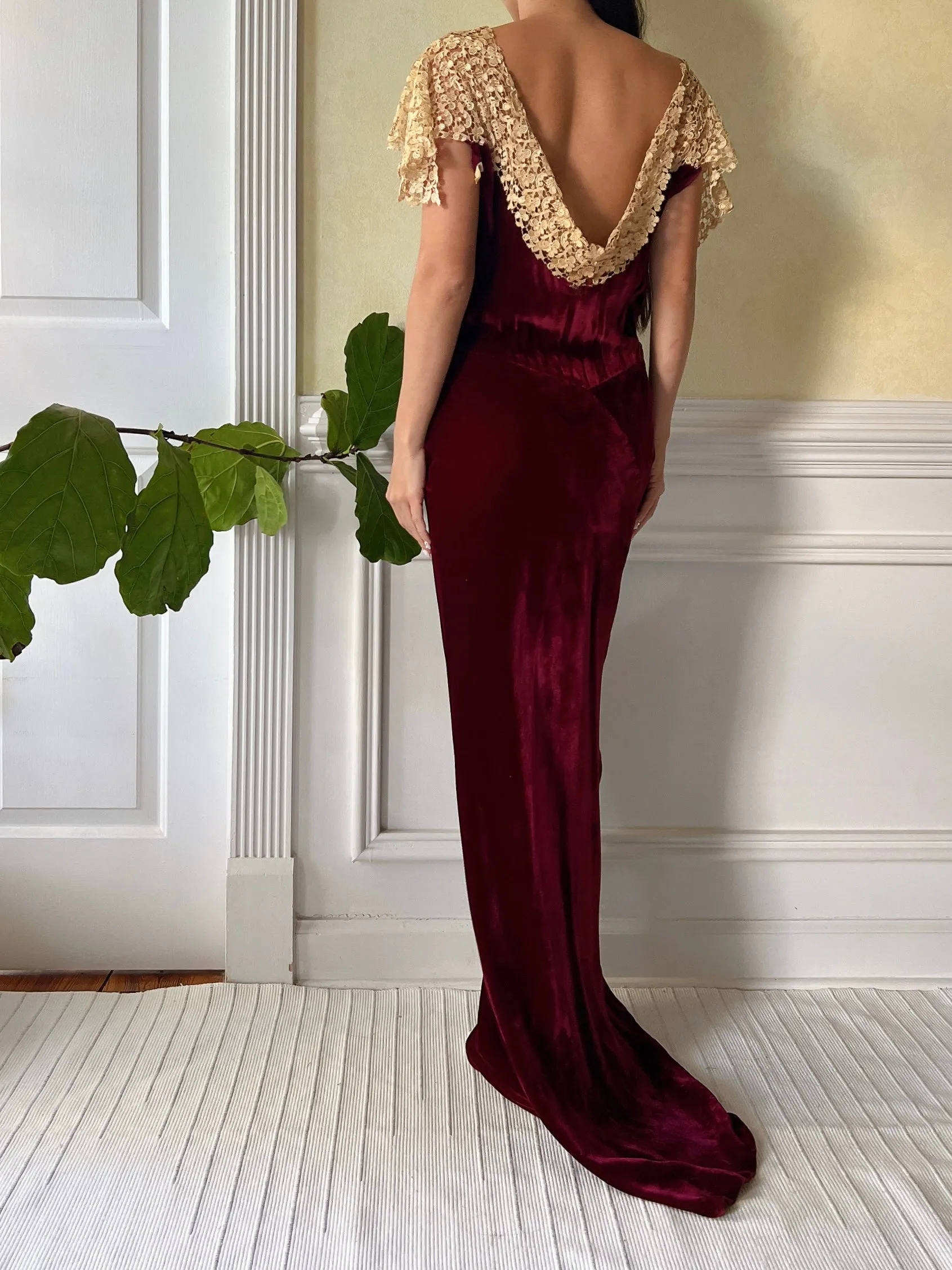 1930s Ruby Silk Velvet Gown - S/M