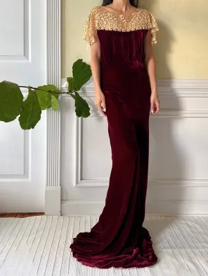 1930s Ruby Silk Velvet Gown - S/M
