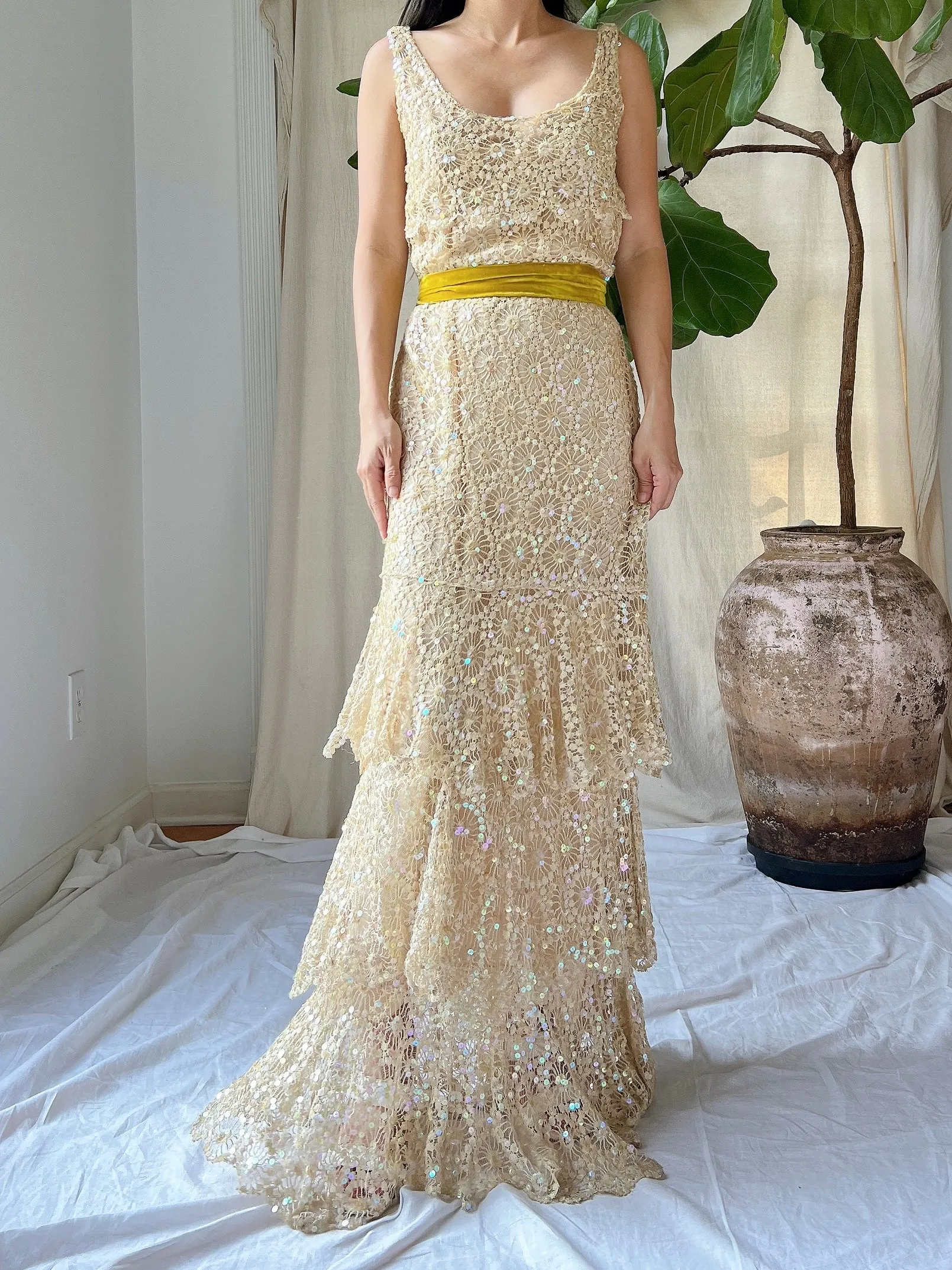 1930s Sequins Lace Gown - S