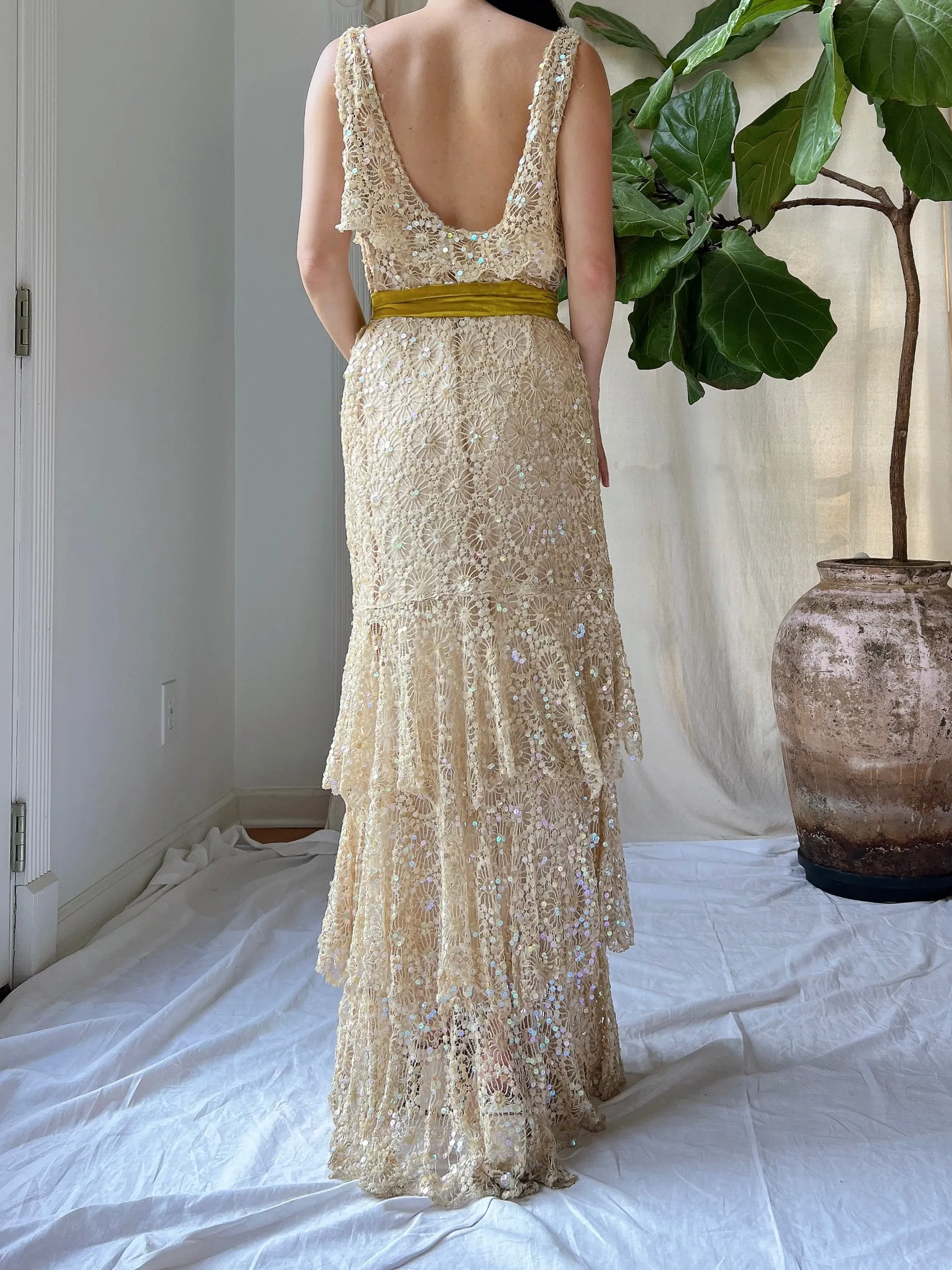 1930s Sequins Lace Gown - S