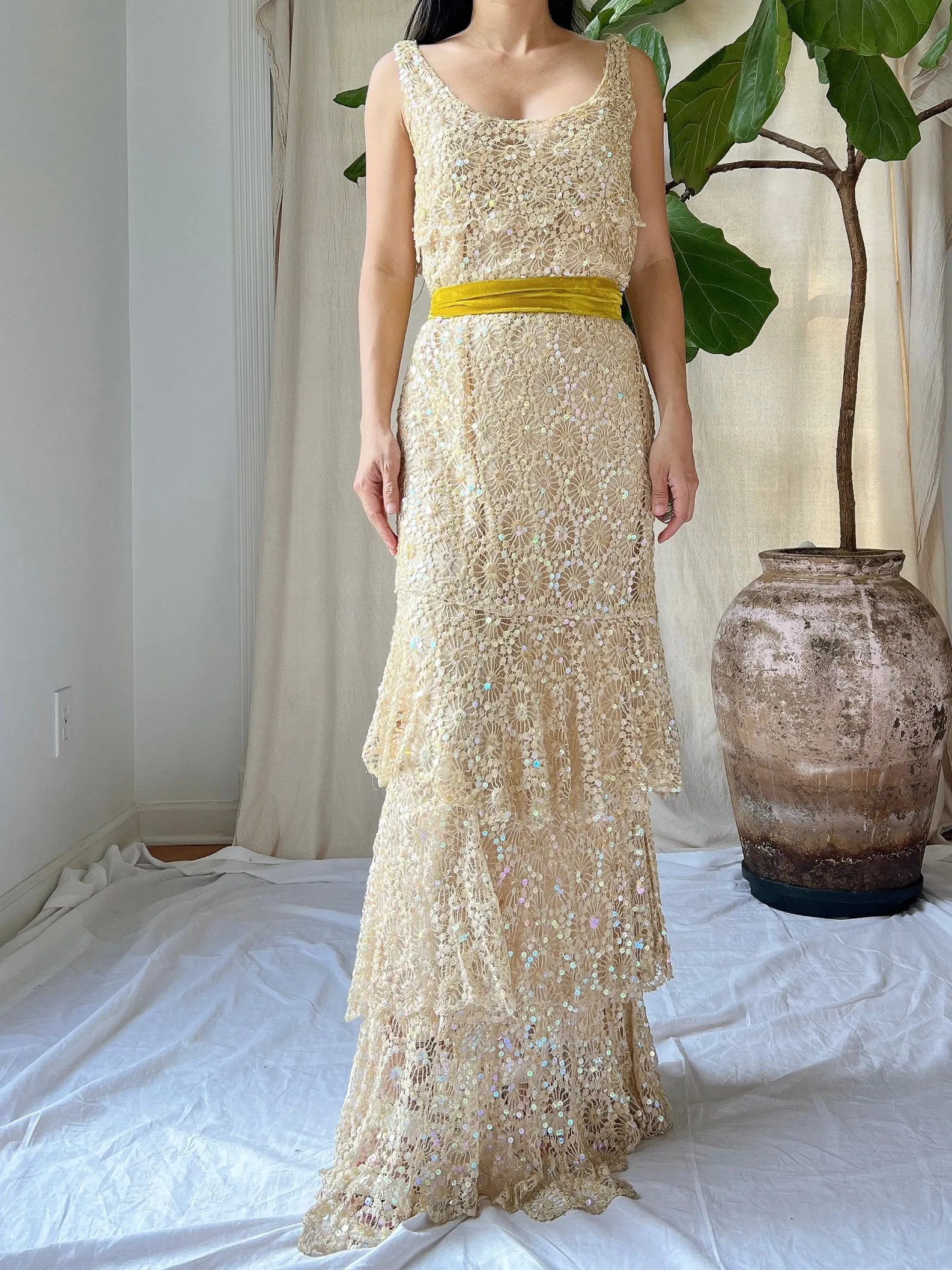 1930s Sequins Lace Gown - S