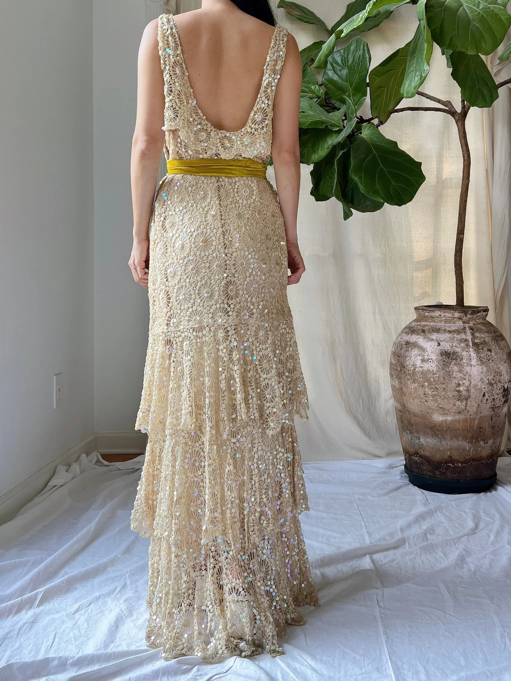 1930s Sequins Lace Gown - S
