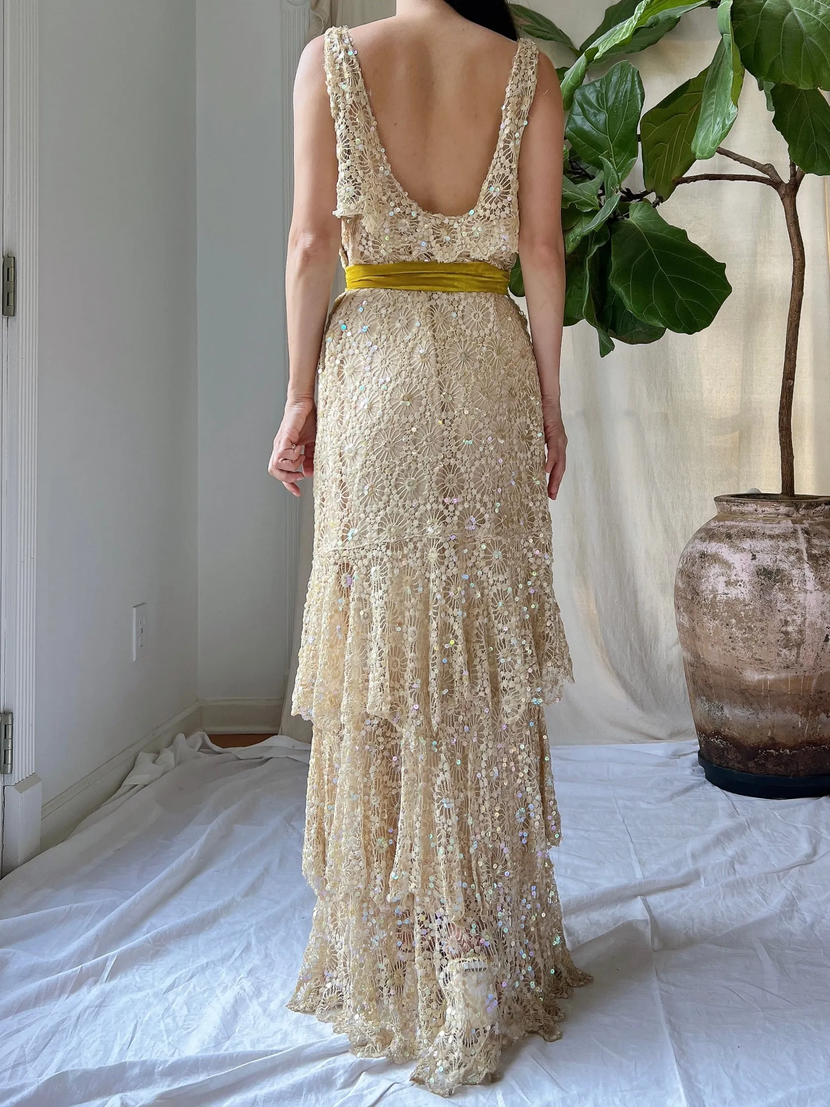 1930s Sequins Lace Gown - S