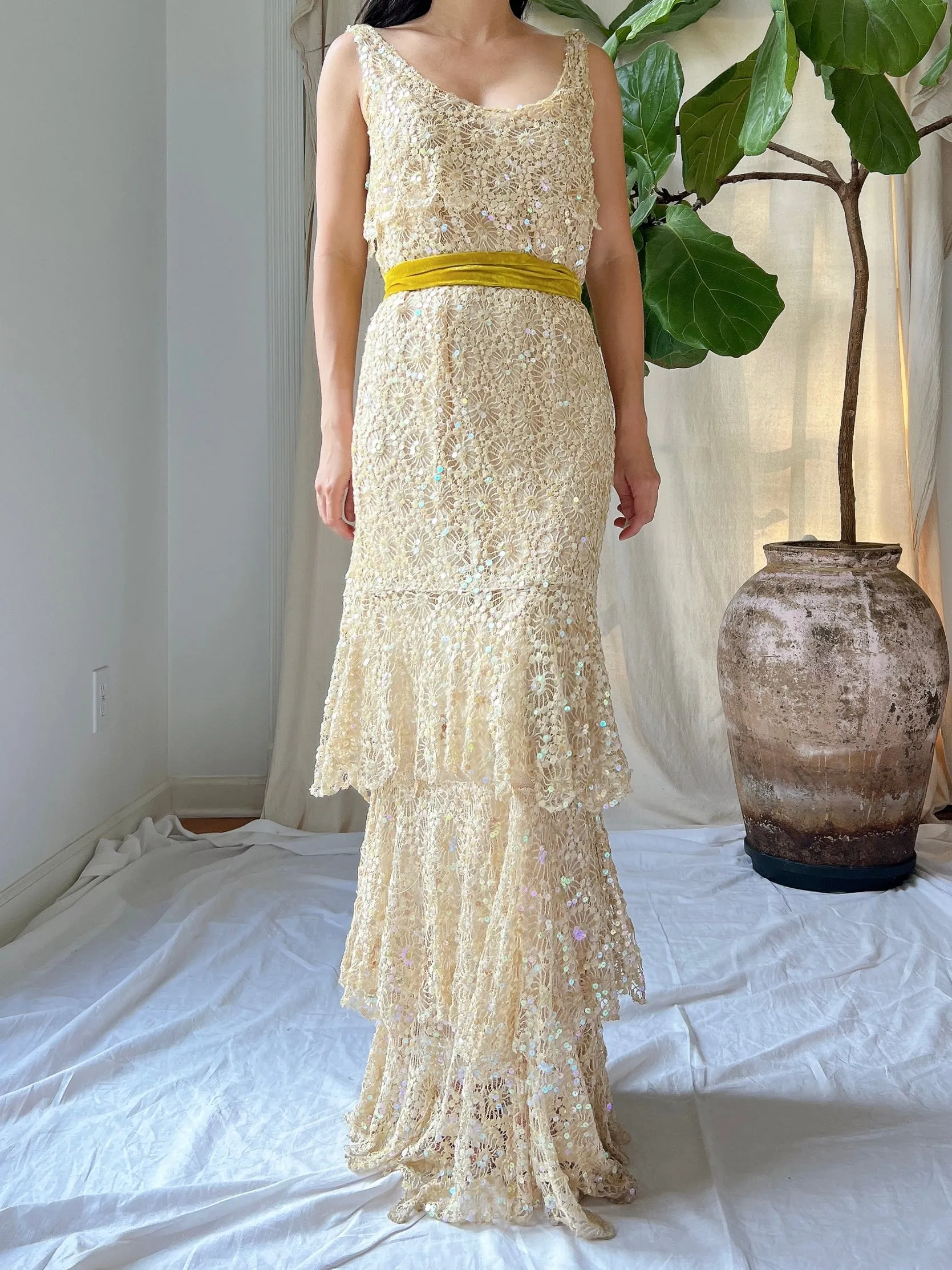 1930s Sequins Lace Gown - S