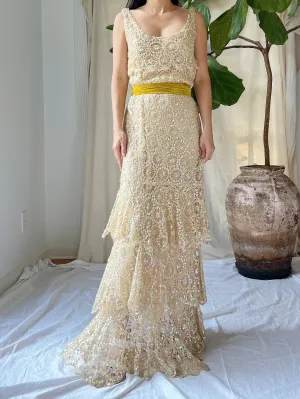 1930s Sequins Lace Gown - S