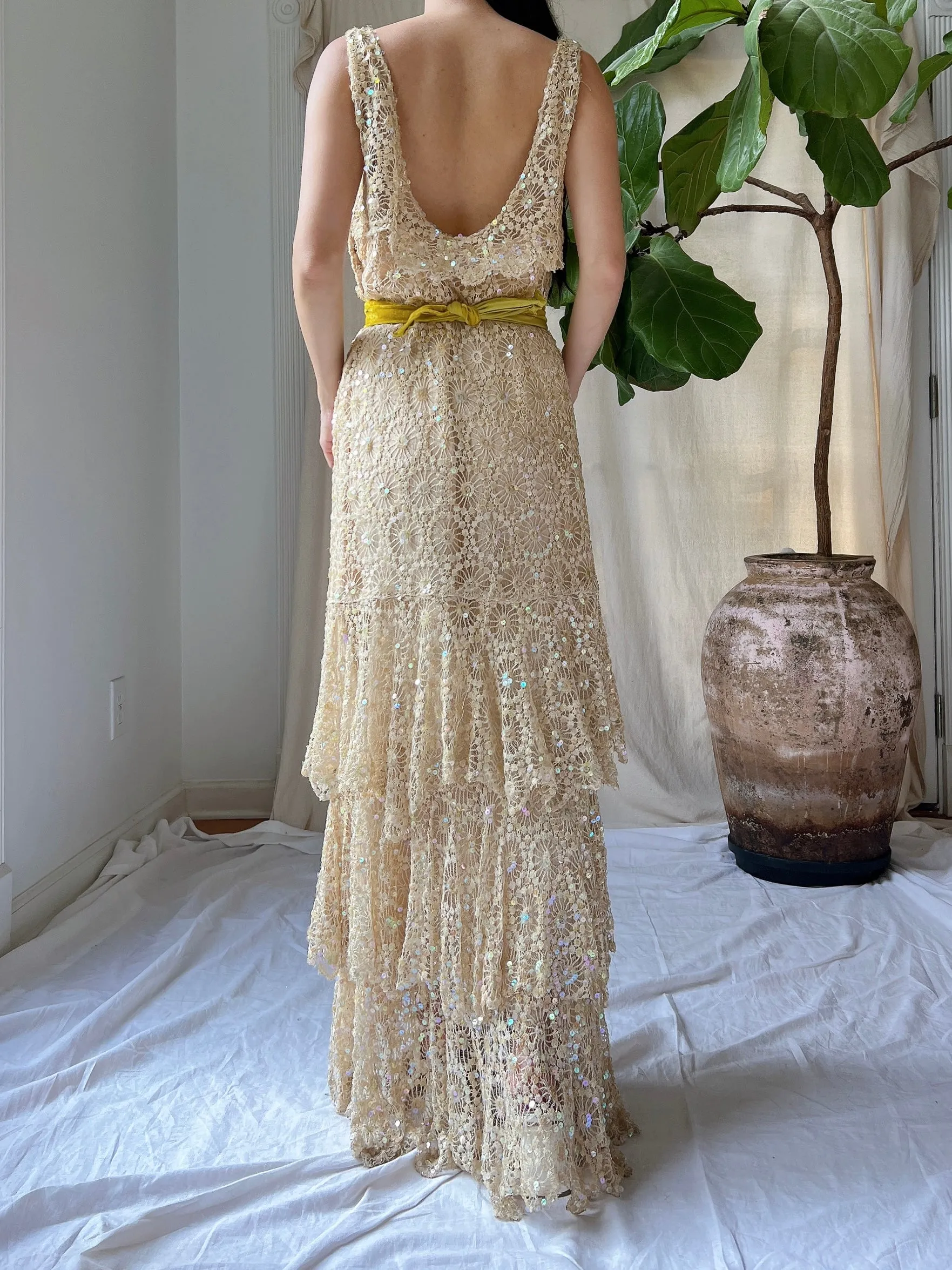1930s Sequins Lace Gown - S