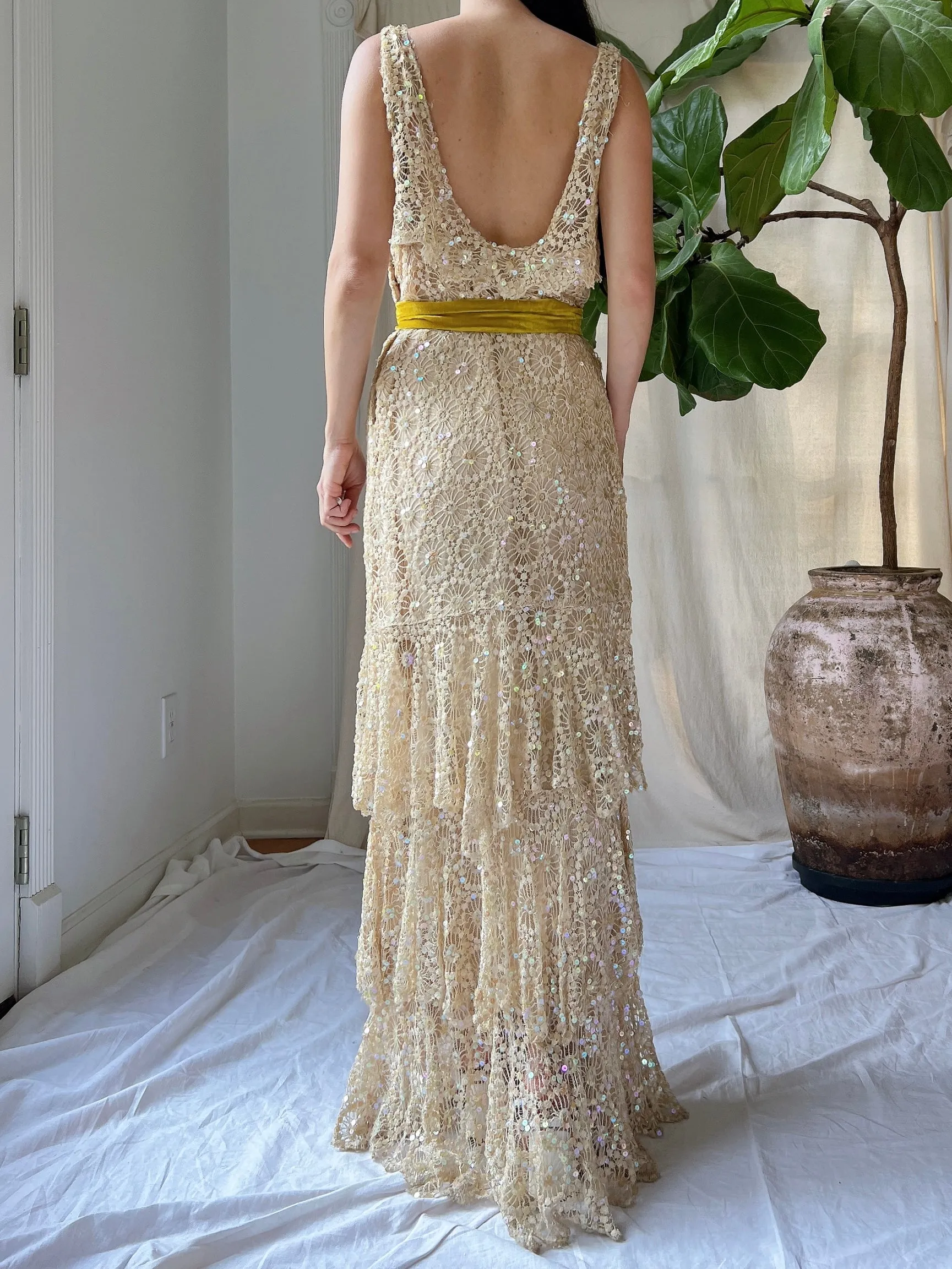 1930s Sequins Lace Gown - S