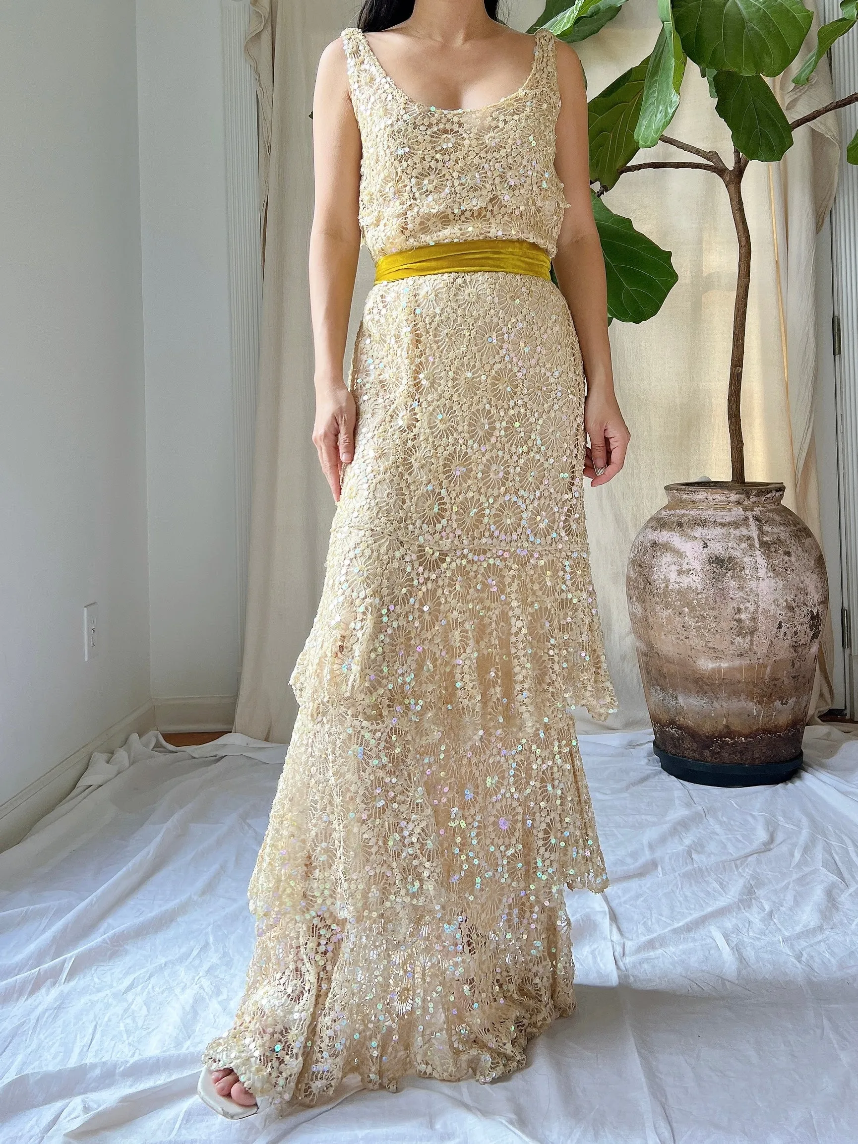 1930s Sequins Lace Gown - S