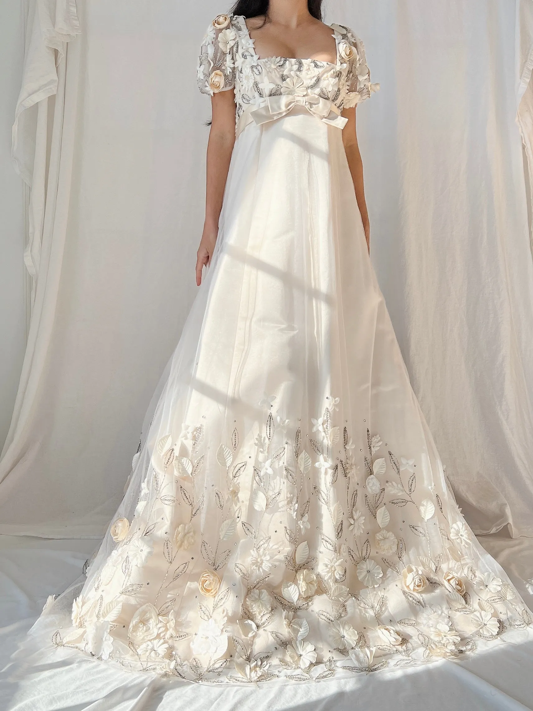 1960s Nolan Miller Silk Floral Applique Gown - S