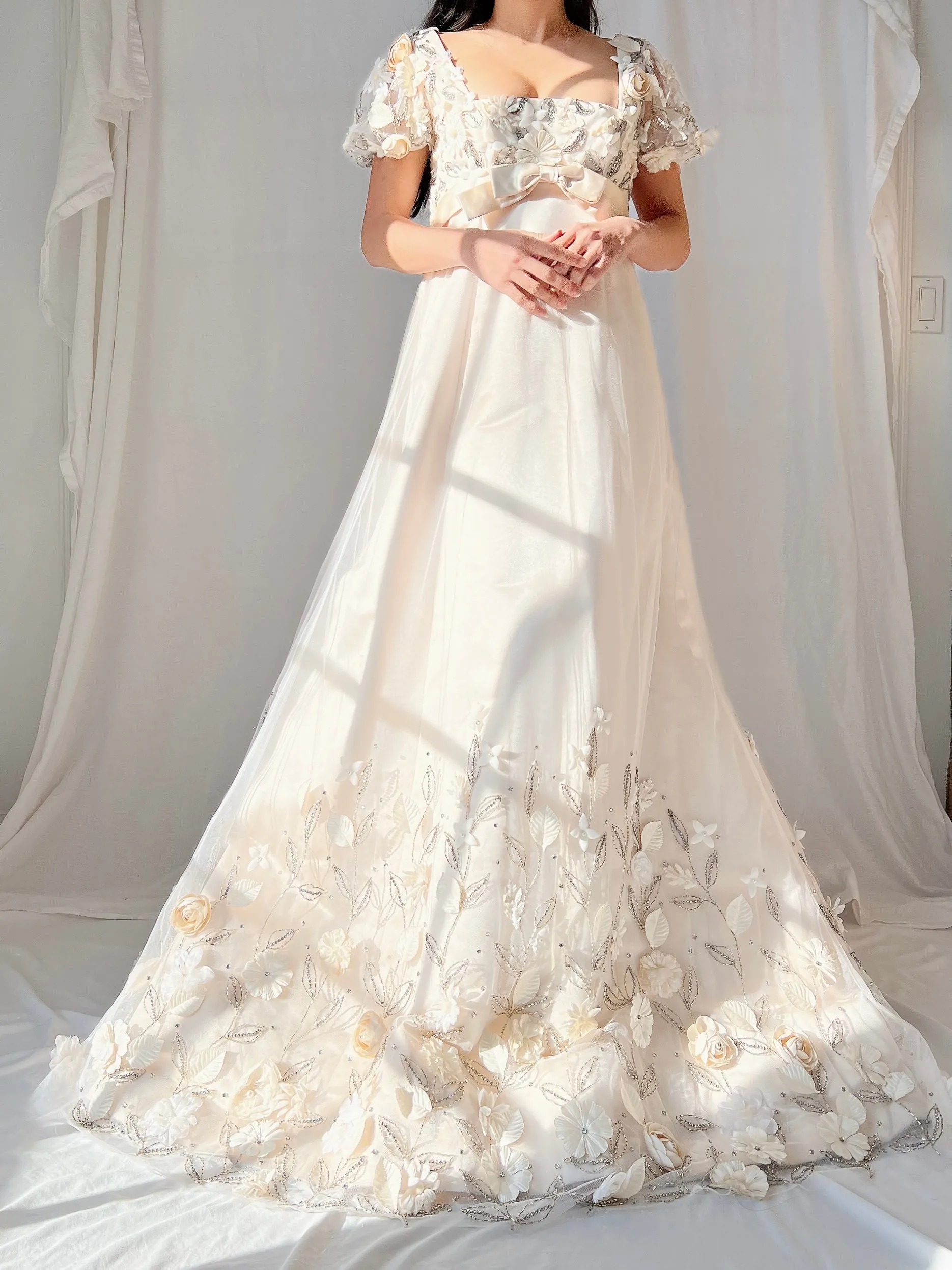 1960s Nolan Miller Silk Floral Applique Gown - S