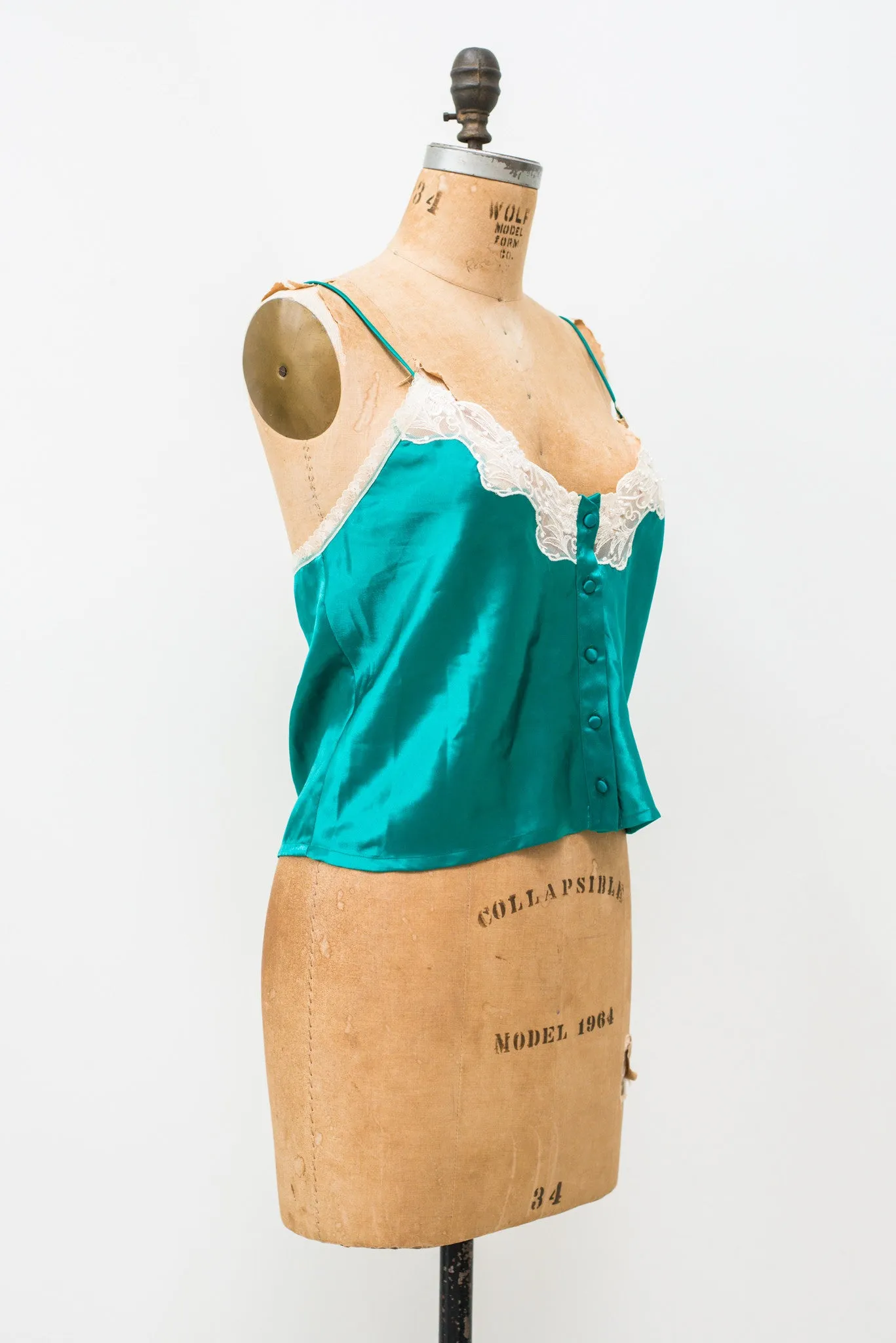 1980s Green Satin and Lace Top - L
