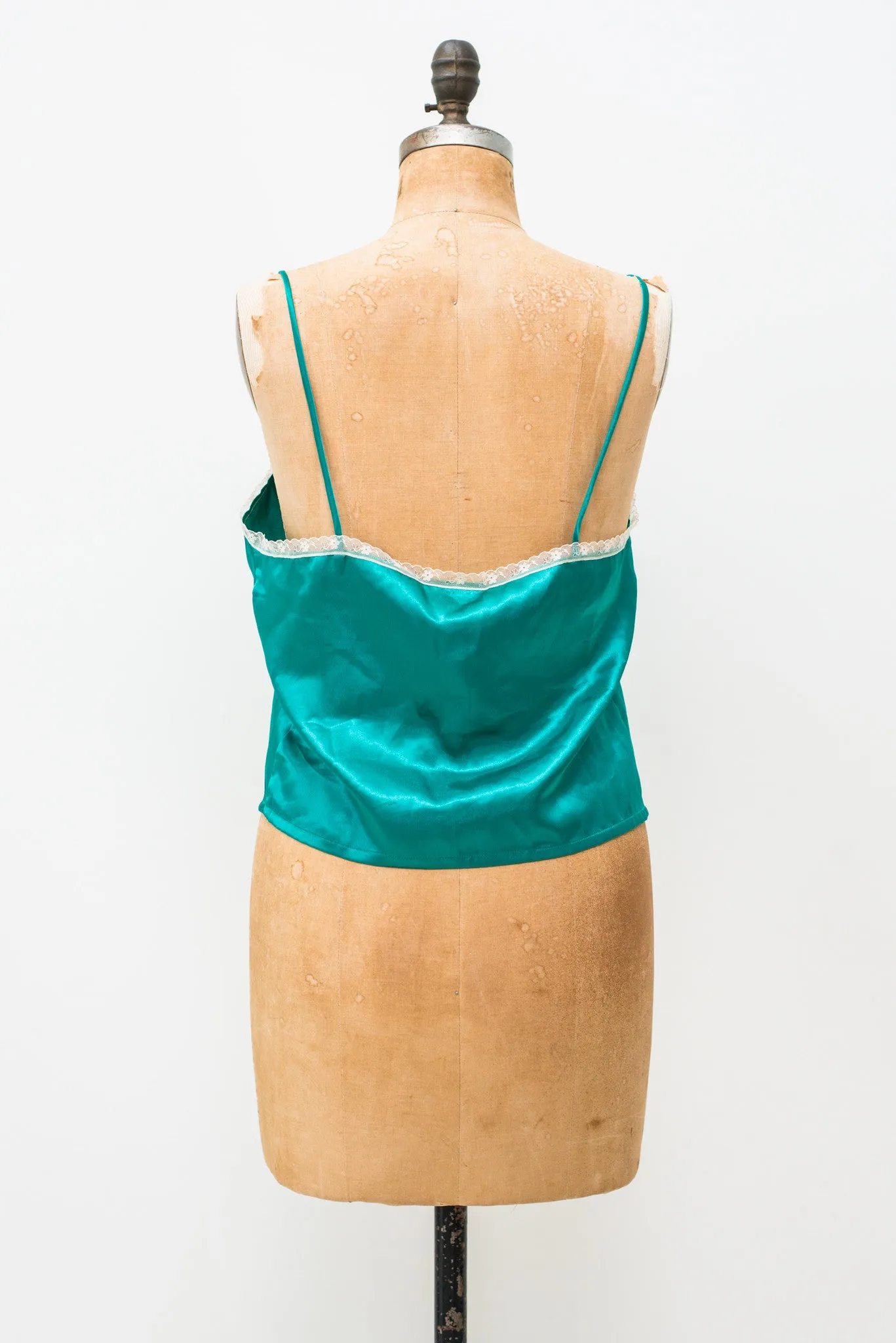 1980s Green Satin and Lace Top - L