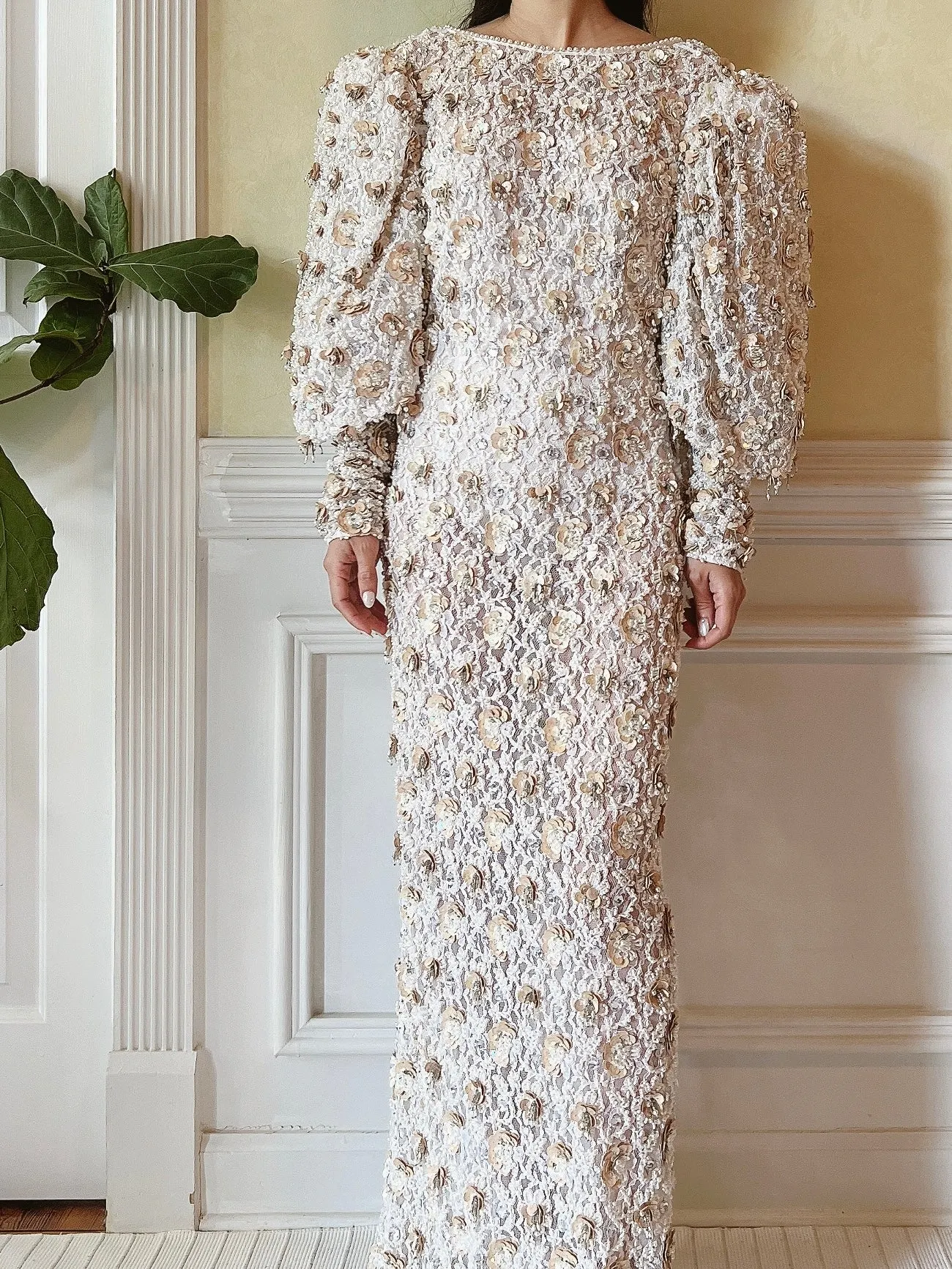 1980s Ivory Lace Pearl Beaded Gown - M