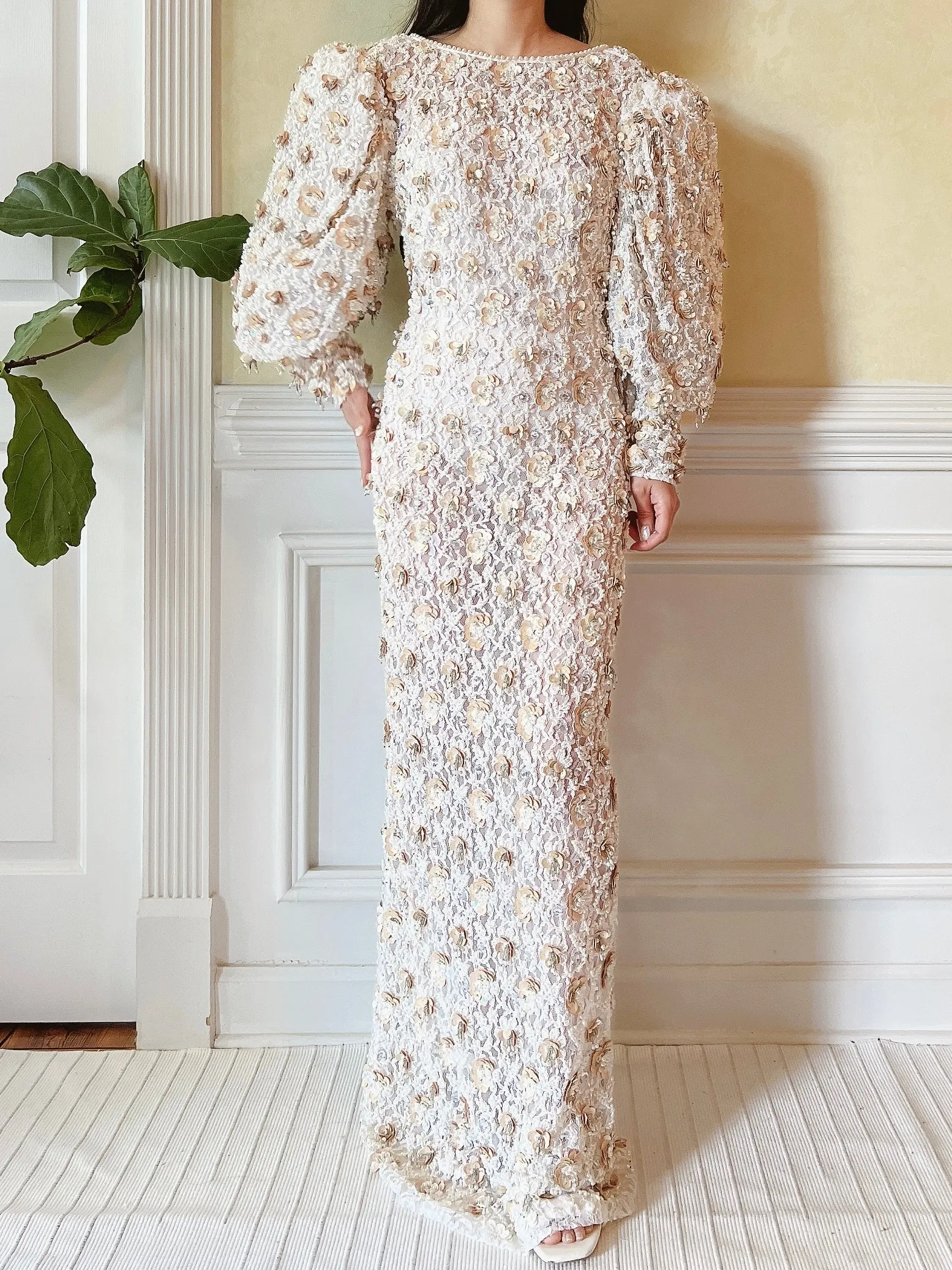 1980s Ivory Lace Pearl Beaded Gown - M