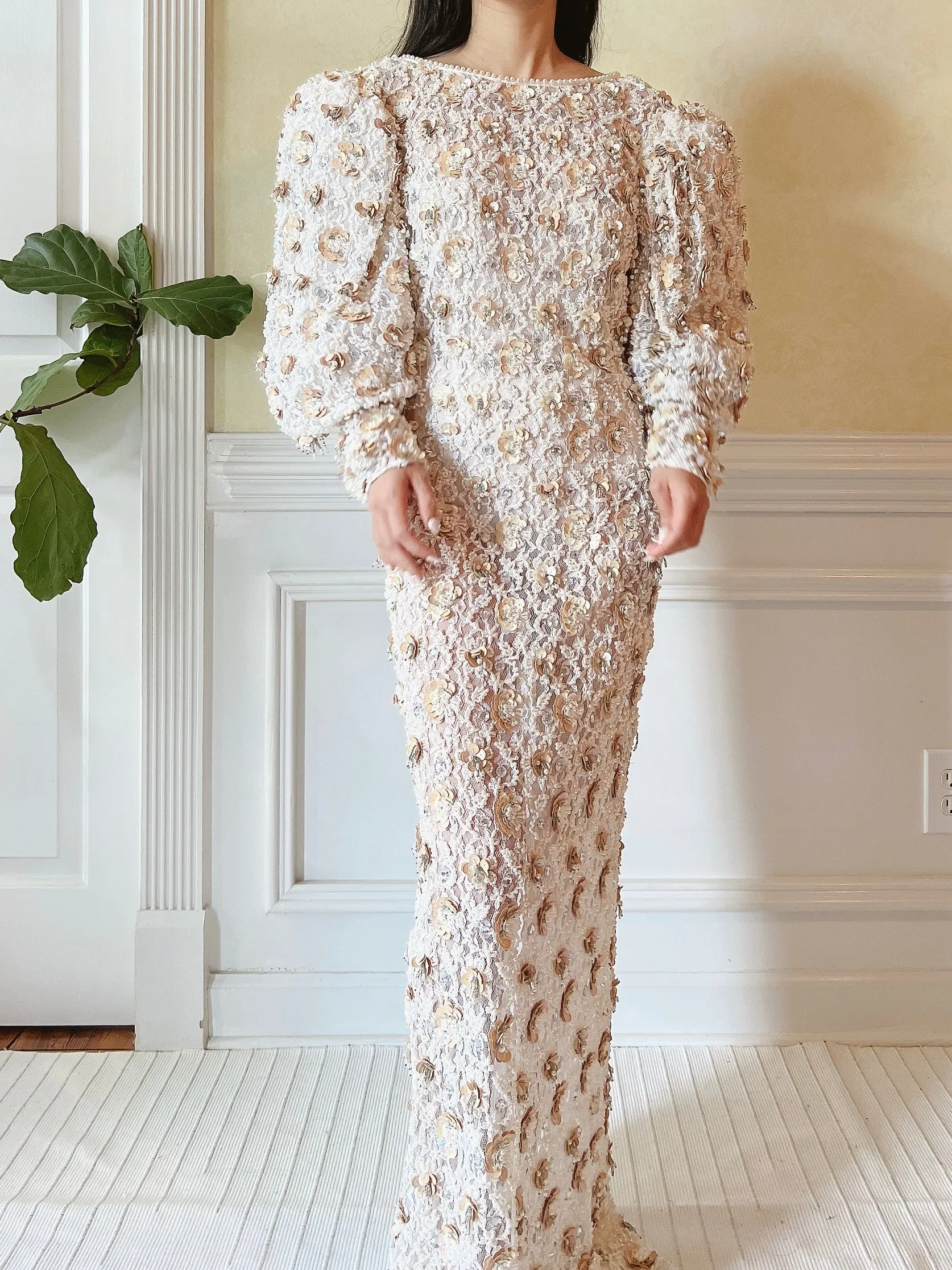 1980s Ivory Lace Pearl Beaded Gown - M