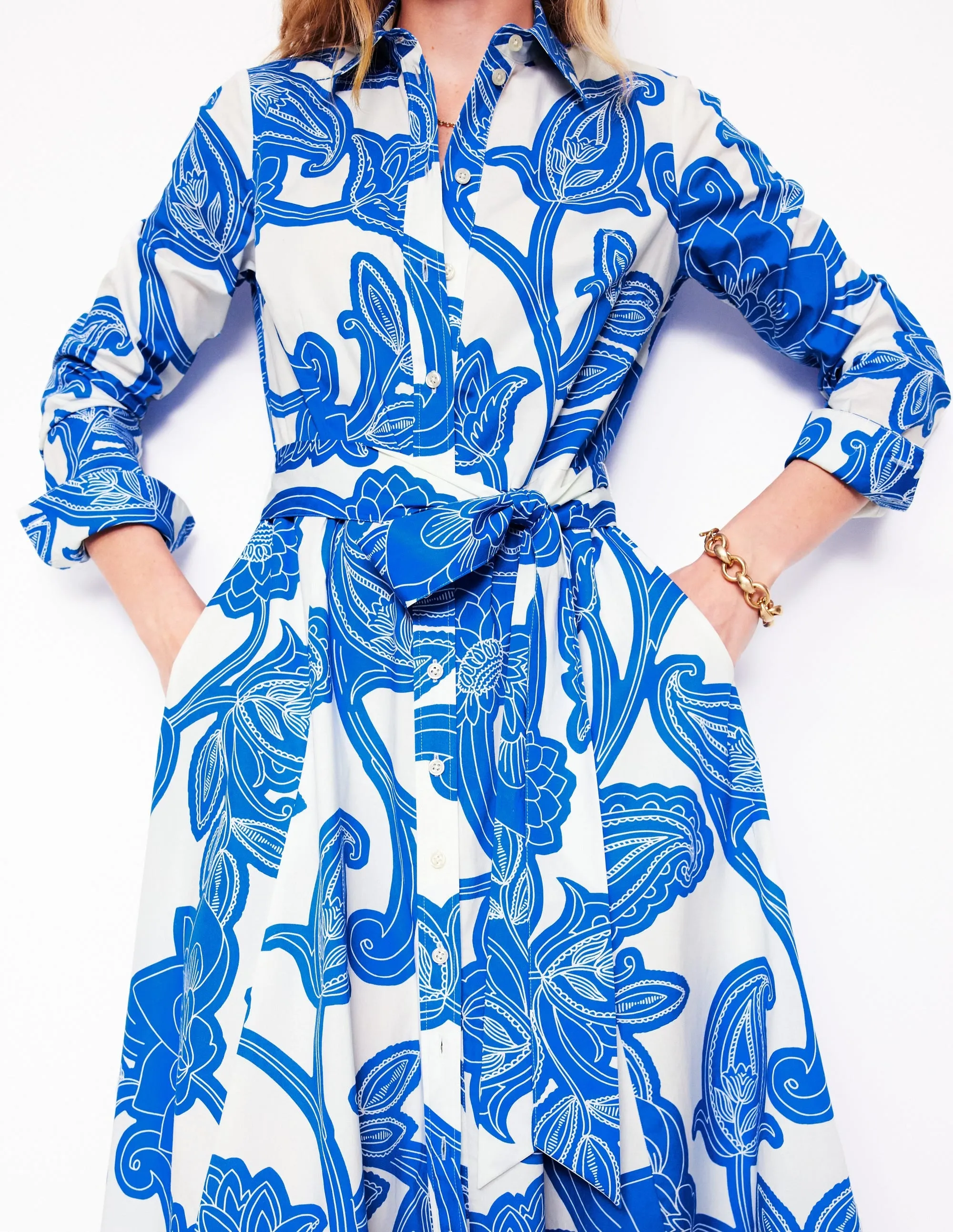 Amy Cotton Midi Shirt Dress-Cerulean Blue. Paisley Whirl