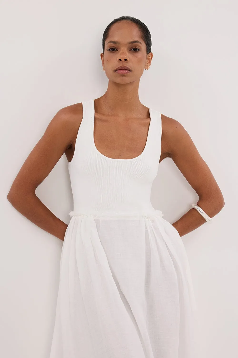 APRIL WHITE HYBRID KNIT MIDI DRESS