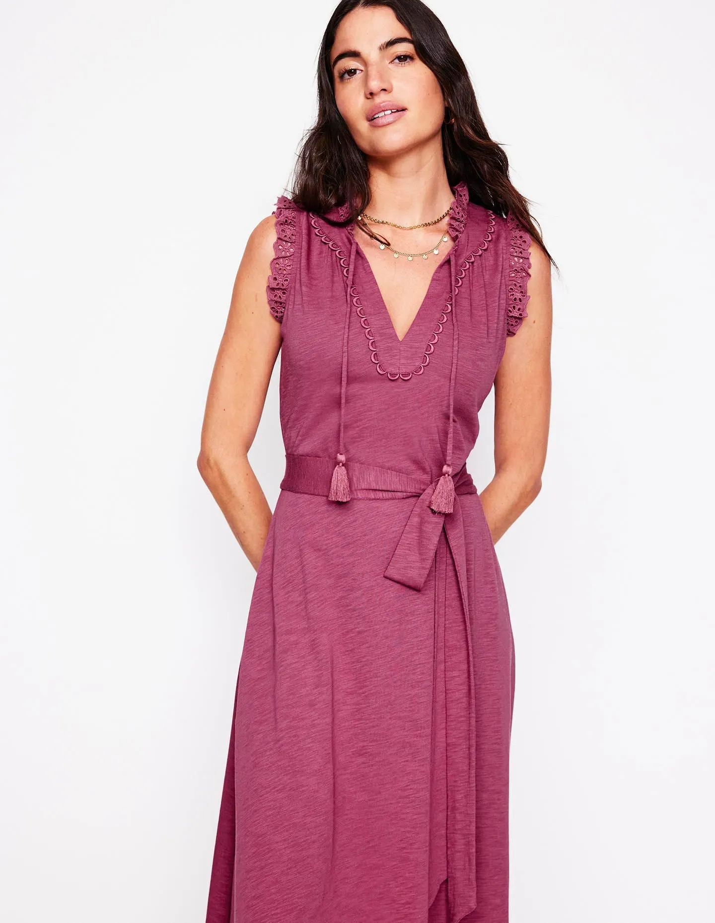 Aria Broderie Trim Midi Dress-Plum Purple