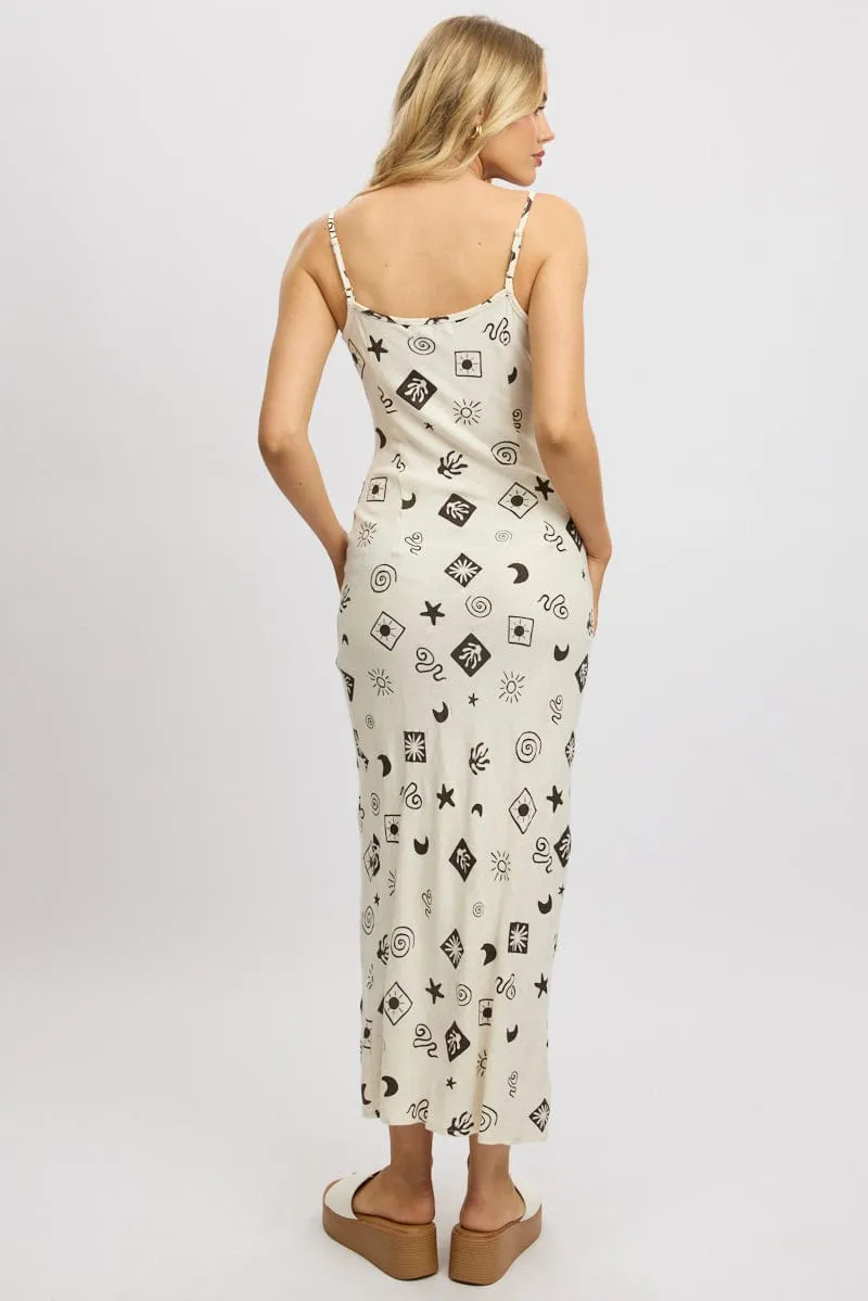 Beige Abstract Maxi Dress Bias Cut Linen Blend