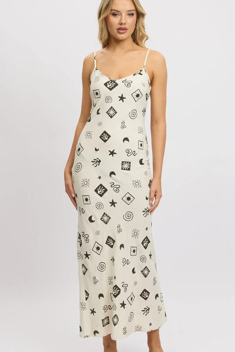 Beige Abstract Maxi Dress Bias Cut Linen Blend