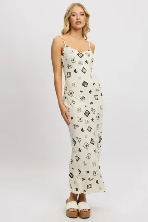 Beige Abstract Maxi Dress Bias Cut Linen Blend