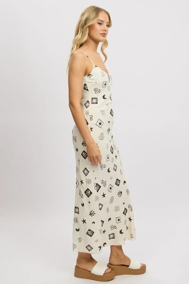Beige Abstract Maxi Dress Bias Cut Linen Blend