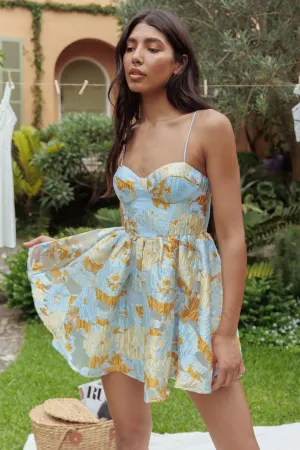 Belle Enchante Cami Strap Jacquard Mini Dress Blue