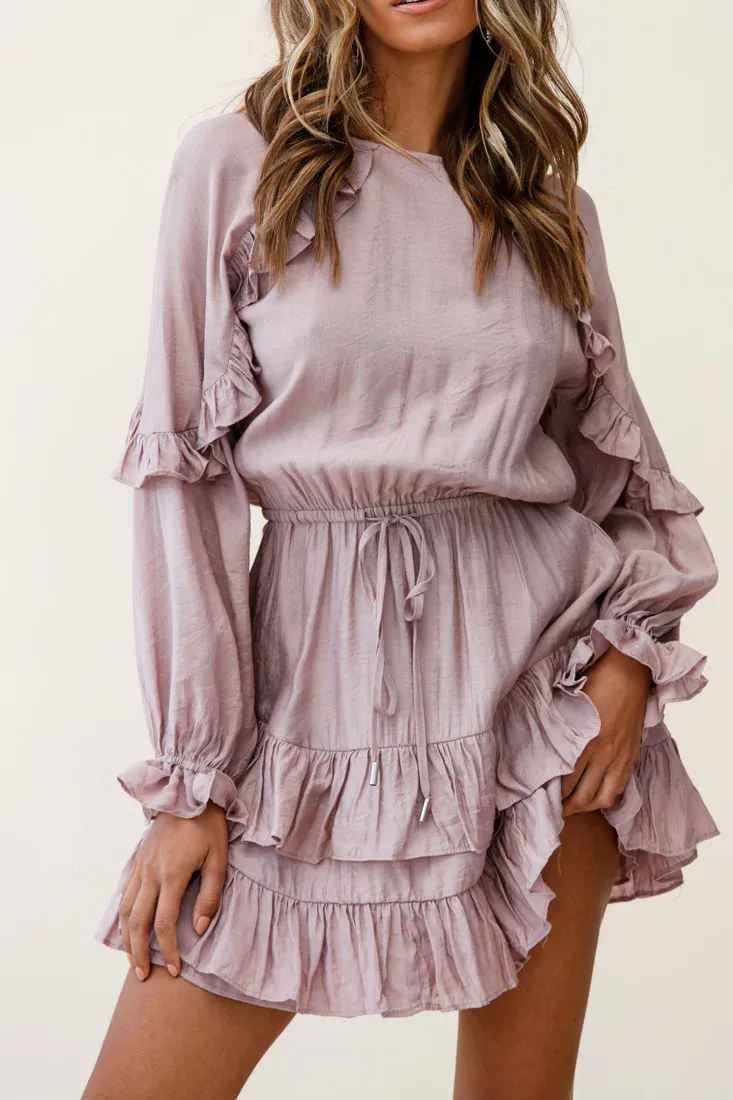 Best Wishes Long Sleeve Frill Detail Dress Mocha