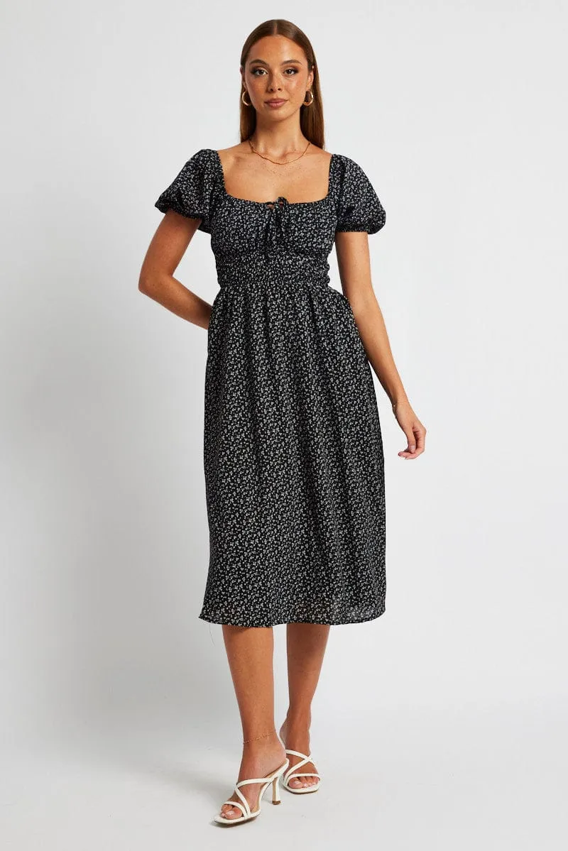 Black Ditsy Midi Dress Short Sleeve Ruched Bust