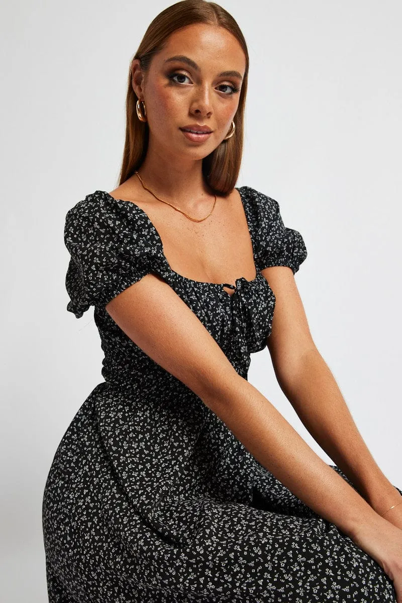Black Ditsy Midi Dress Short Sleeve Ruched Bust