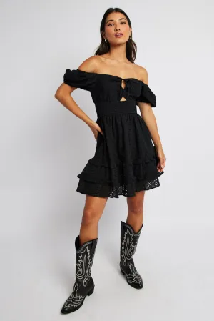 Black Fit and Flare Dress Short Sleeve Embroidered