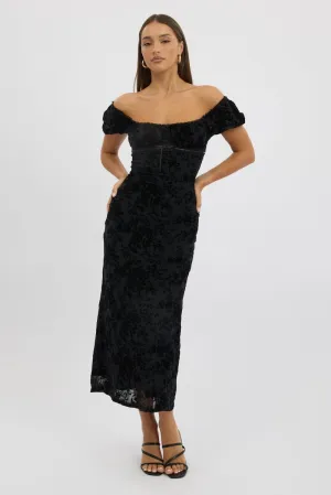 Black Maxi Dress Puff Sleeve Burn Out