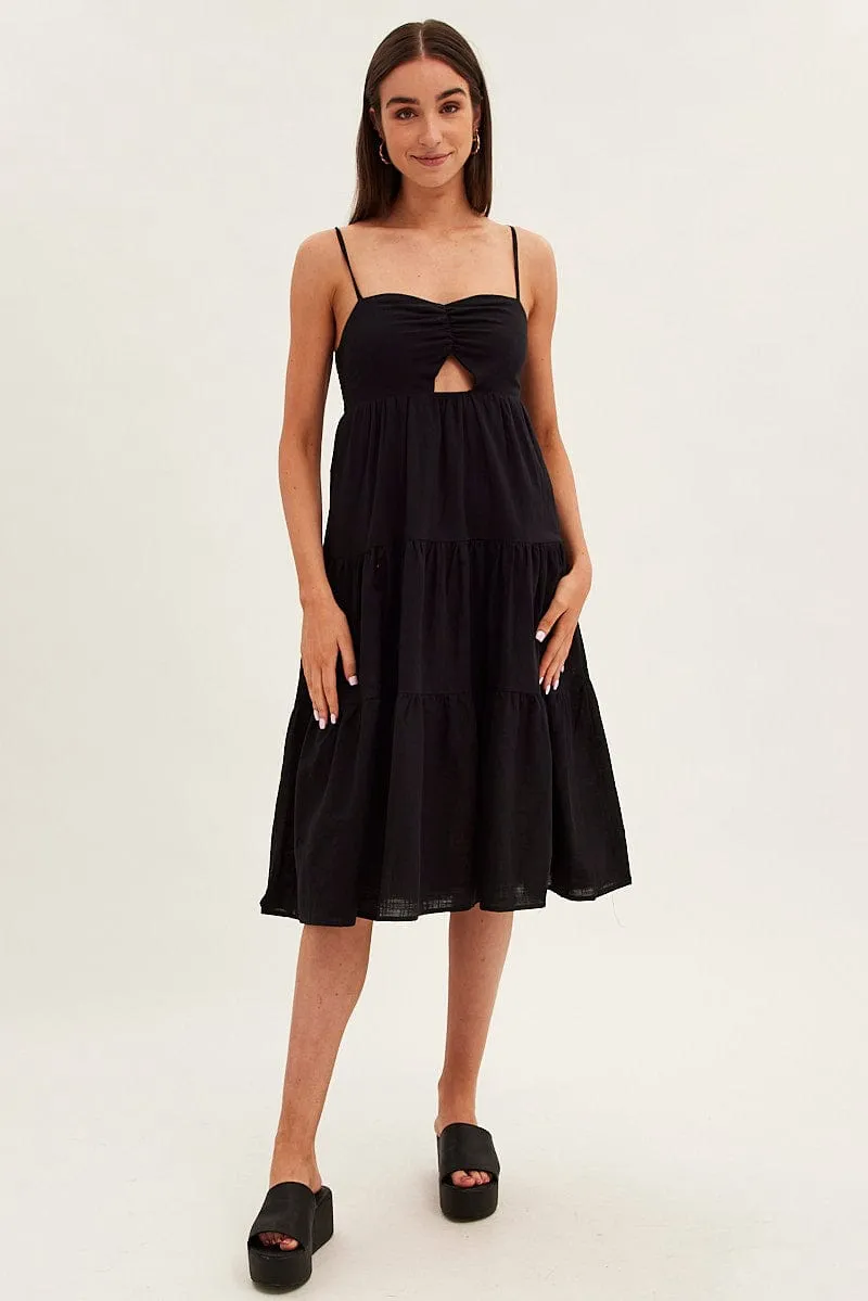 Black Midi Dress Sleeveless Ruched Tiered