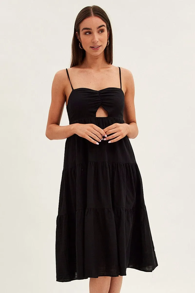 Black Midi Dress Sleeveless Ruched Tiered