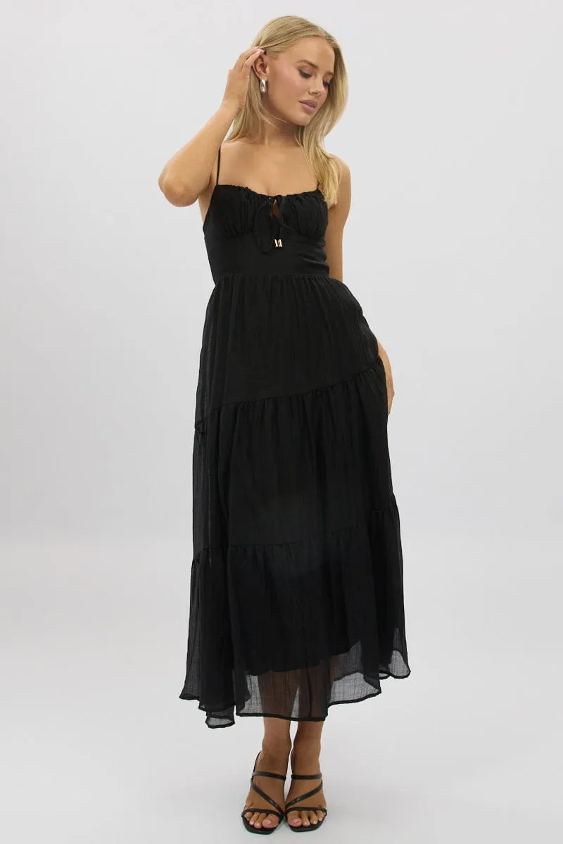 Black Midi Dress Tiered Strappy