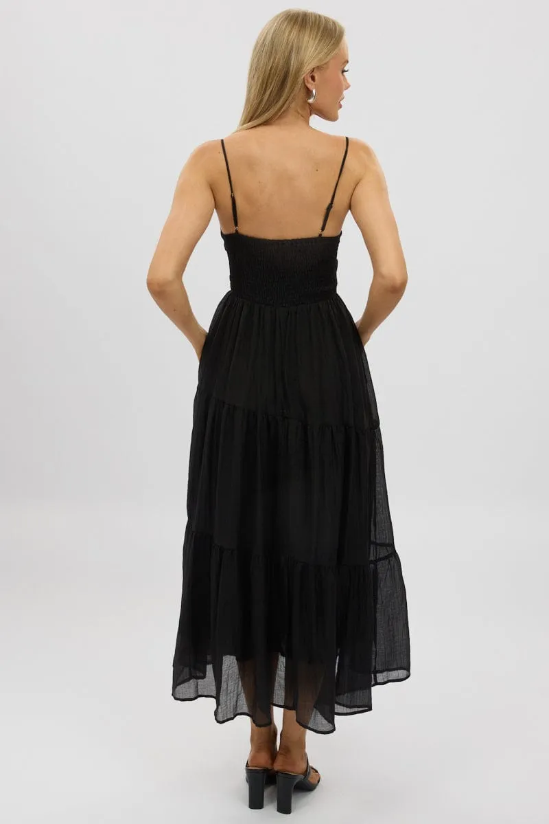 Black Midi Dress Tiered Strappy