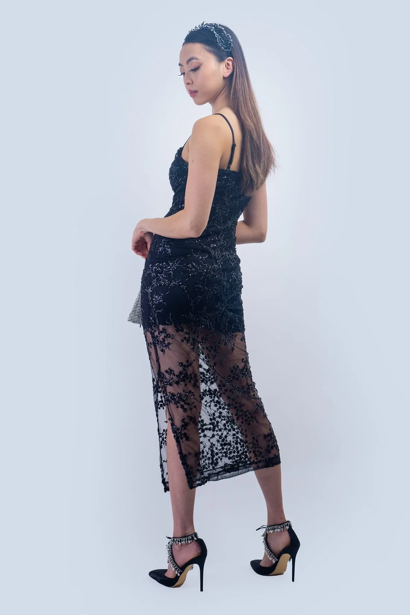 Black Sequins Embroidered Cocktail Dress