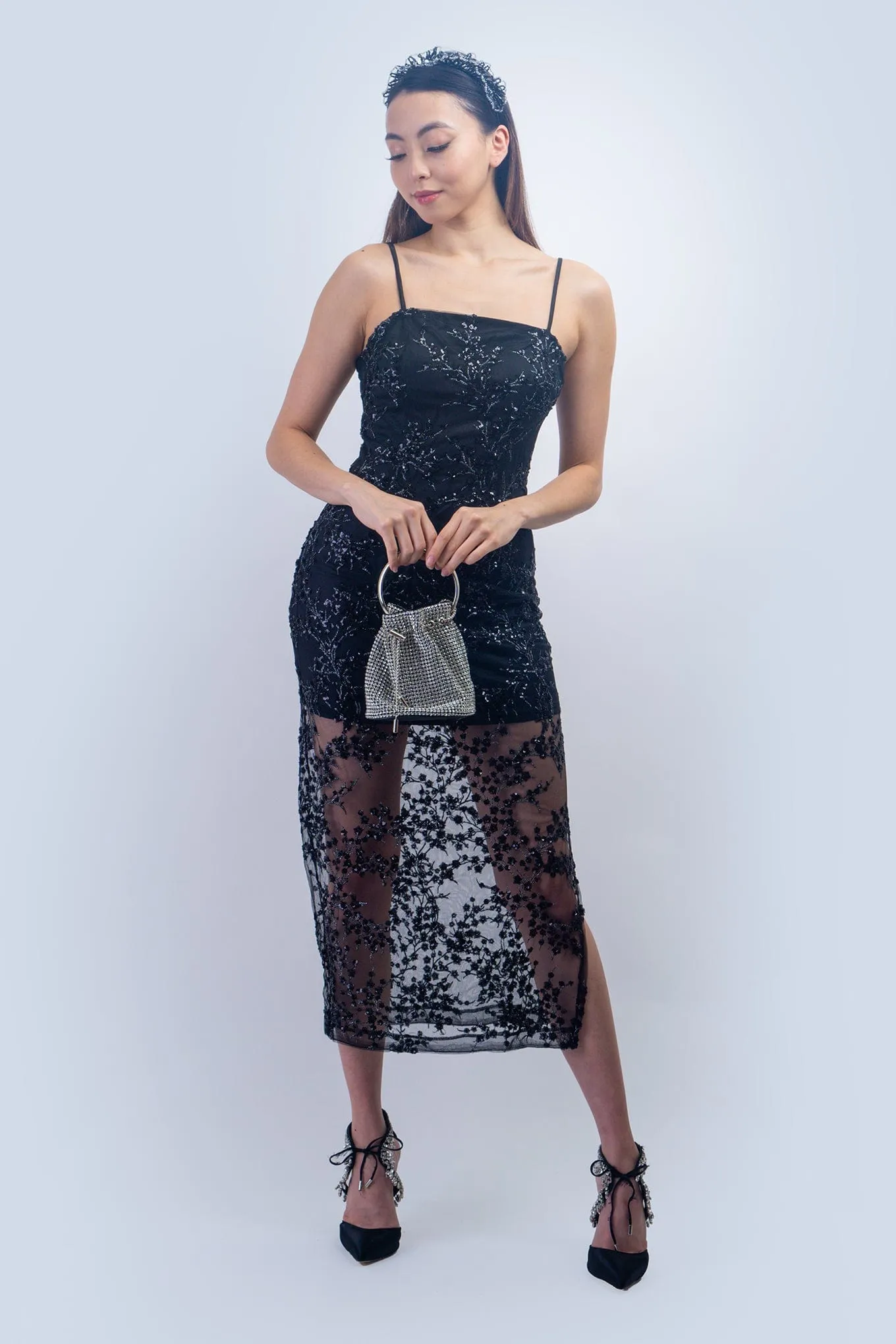 Black Sequins Embroidered Cocktail Dress